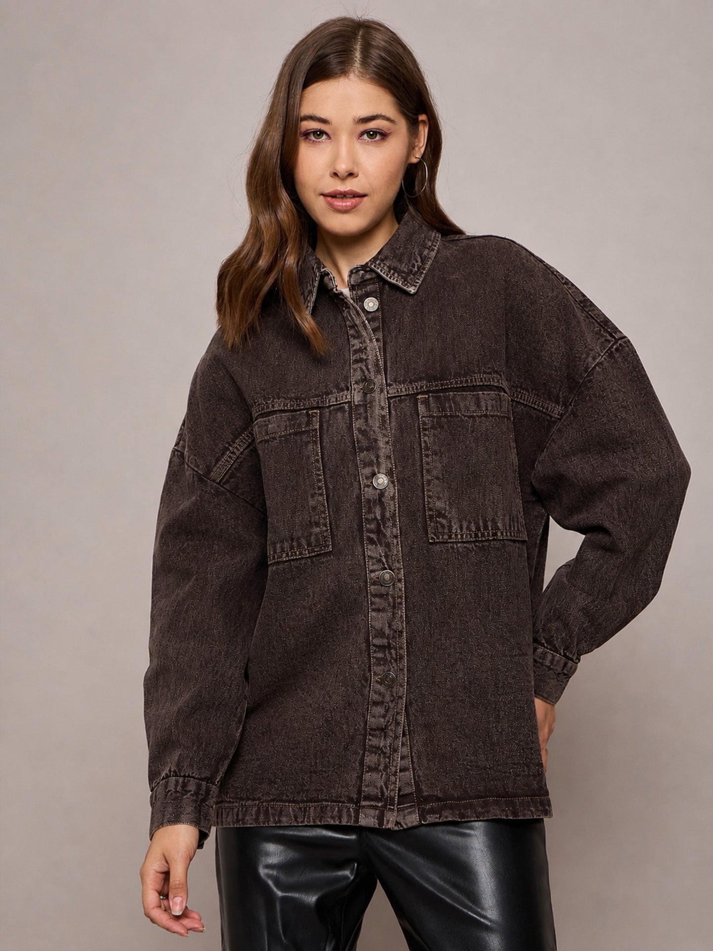 Women Brown Denim Oversized Jacket
