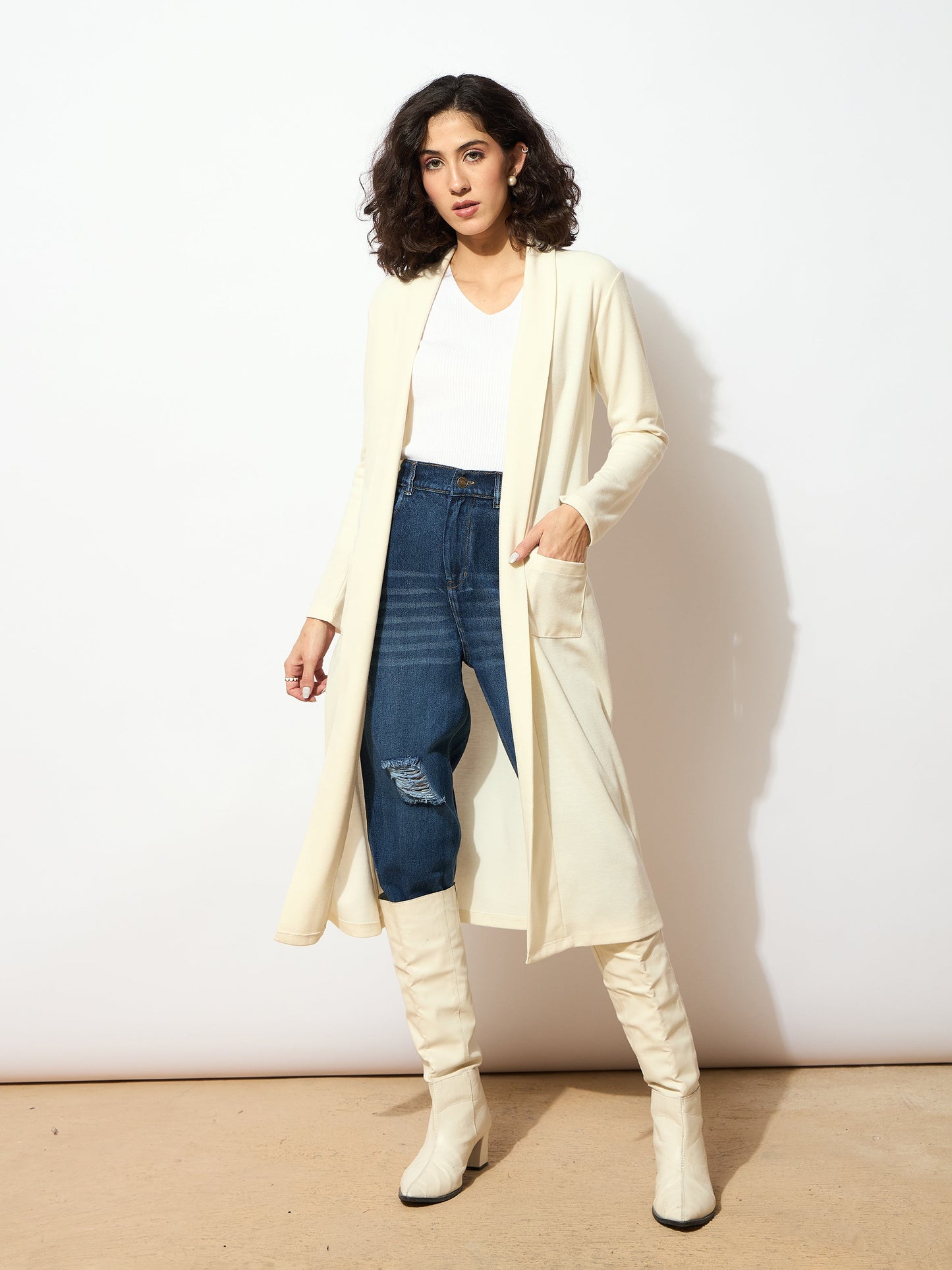 Women Off White Rib Front Open Longline Shrug