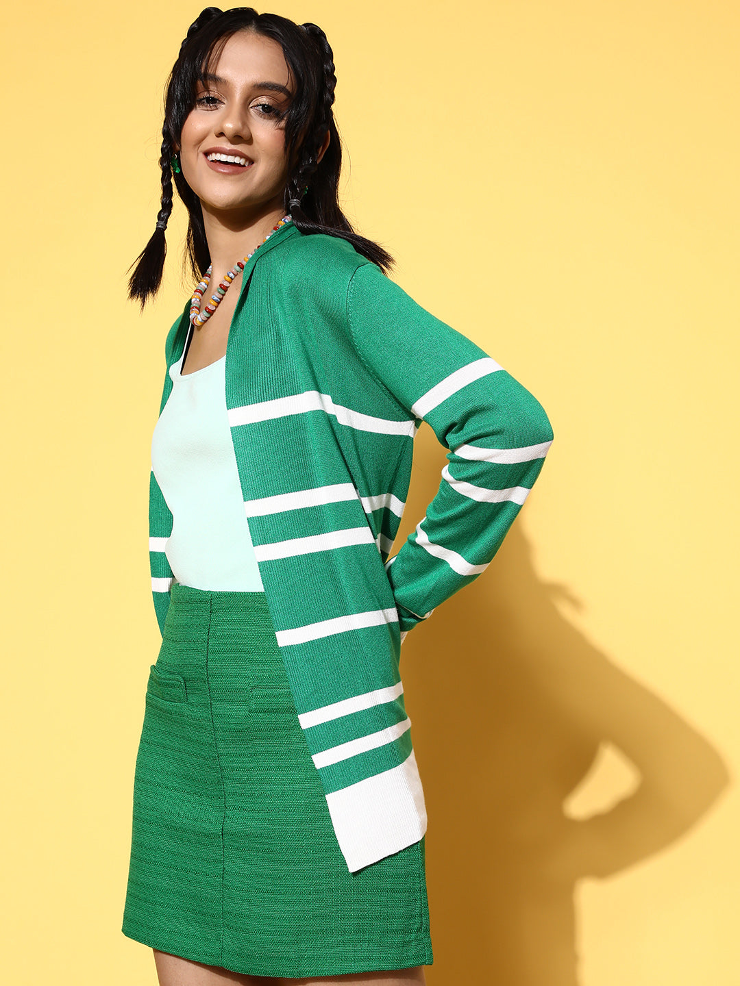 Green & White Striped Rib Front Open Shrug