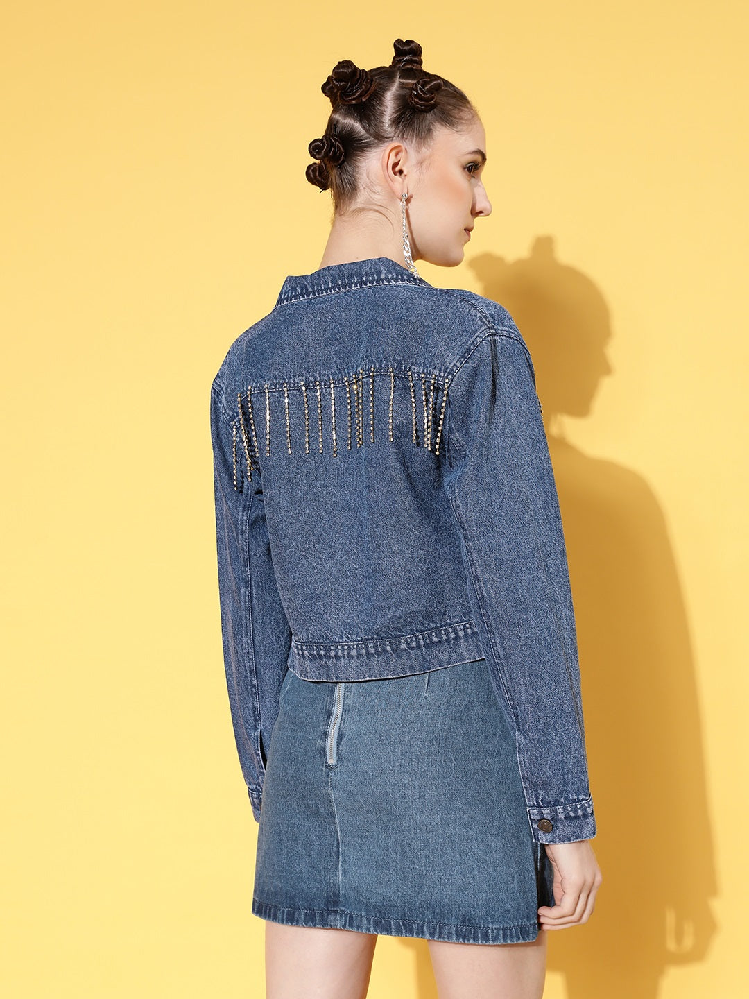 Navy Denim Diamante Chain Front Pocket Jacket