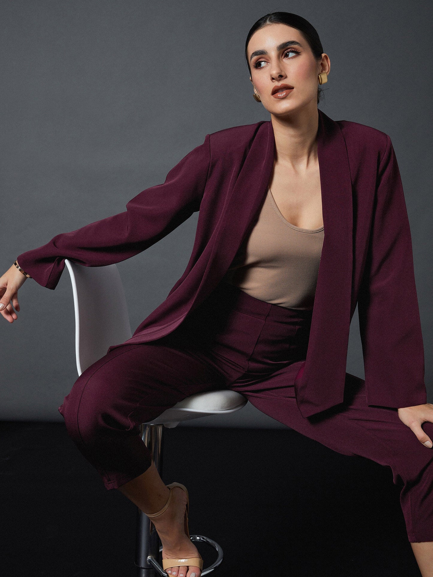 Maroon Shawl Collar Front Open Blazer