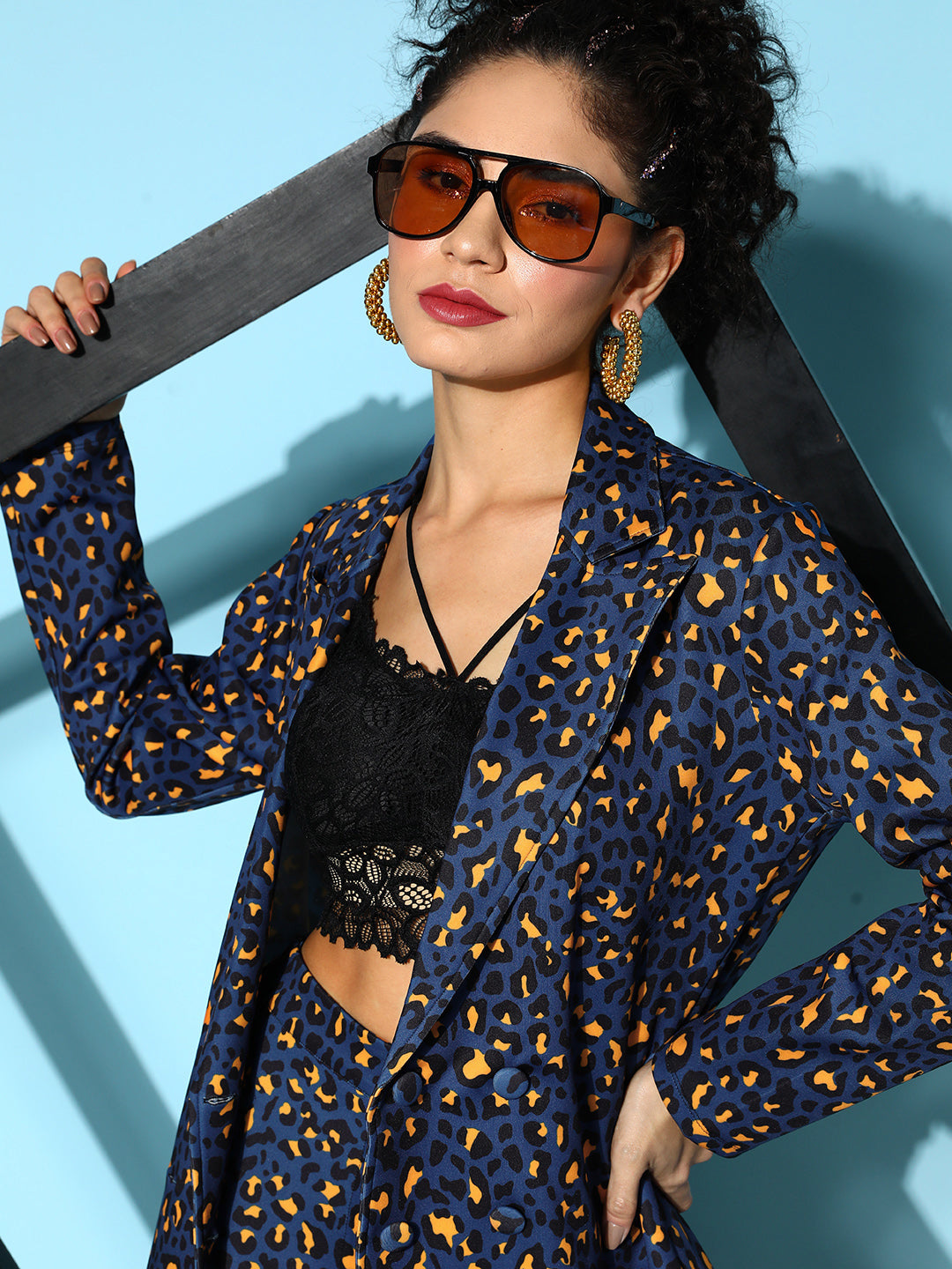 Navy Cheetah Scuba Double Breasted Blazer
