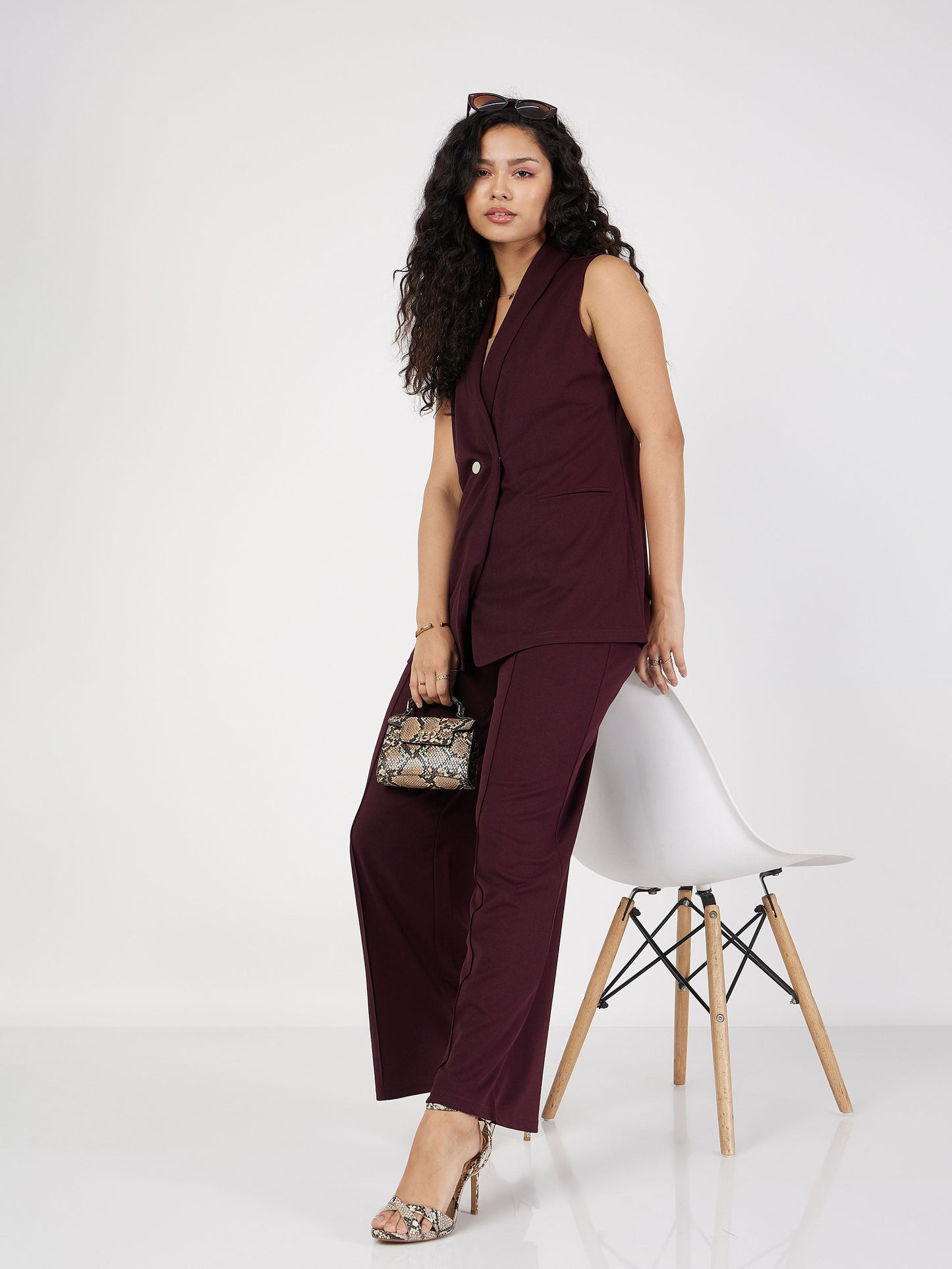 Burgundy Double-Breast Sleeveless Longline Blazer