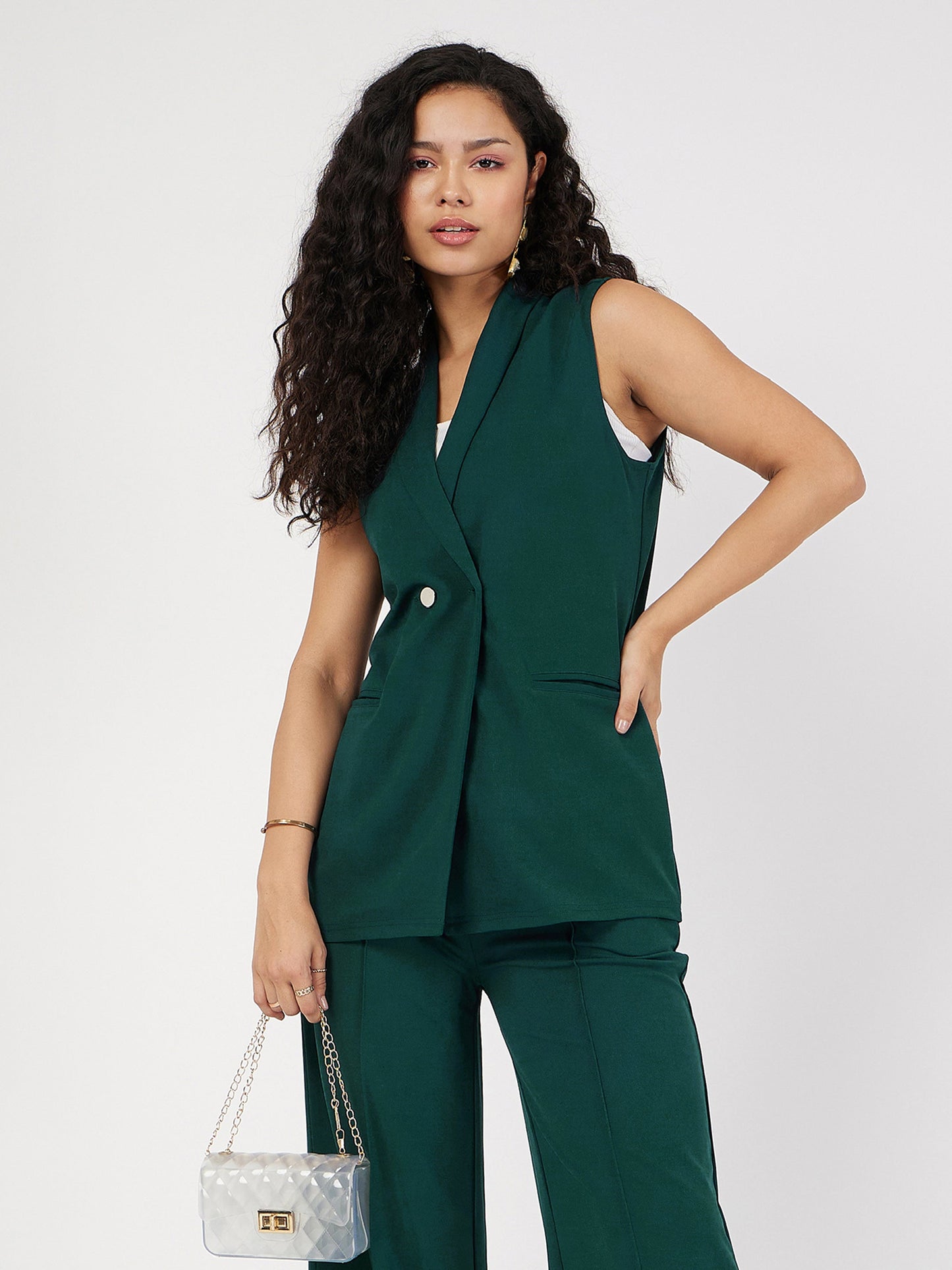 Emerald Double-Breast Sleeveless Longline Blazer