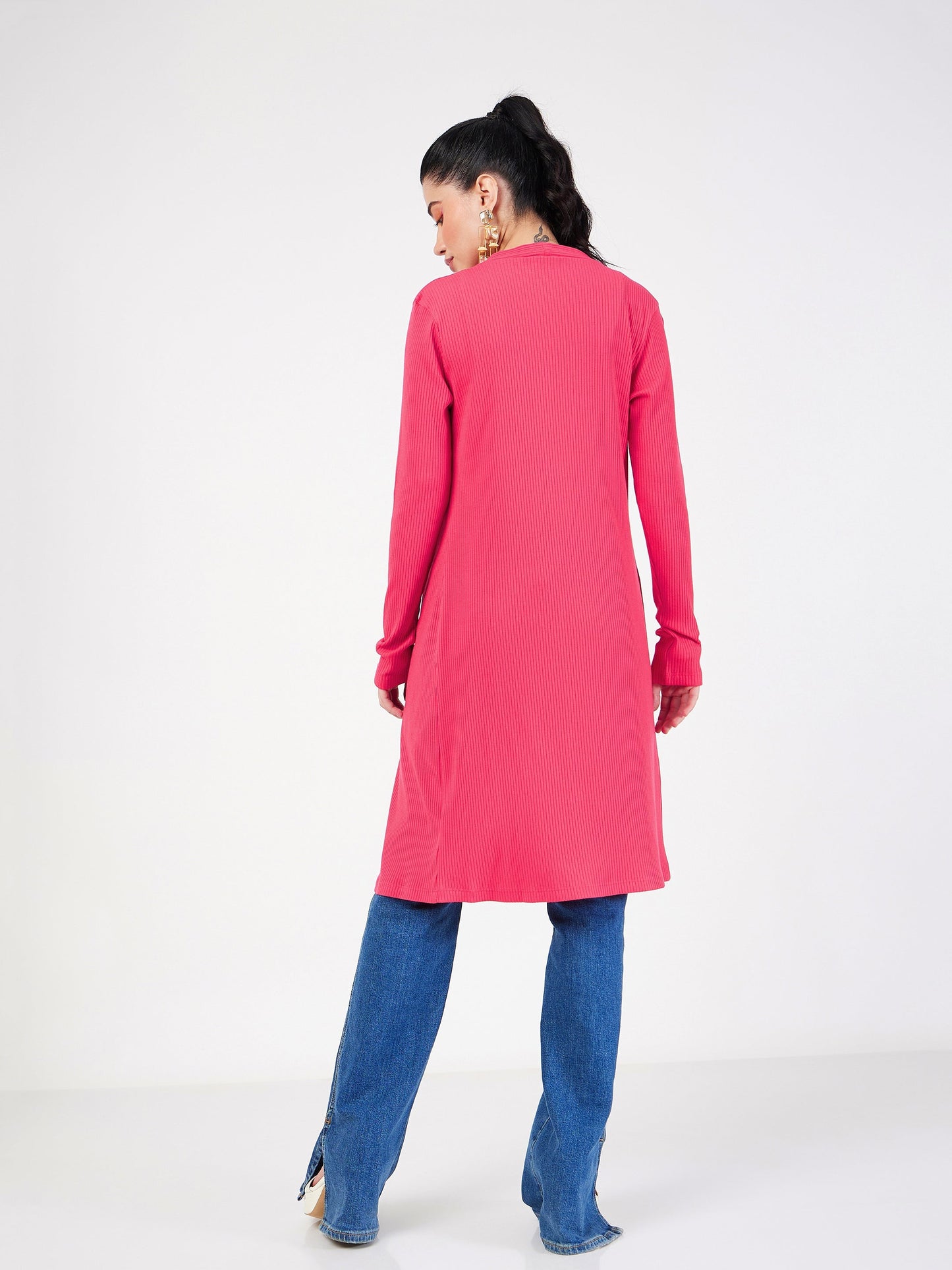 Women Magenta Rib Front Open Shrug