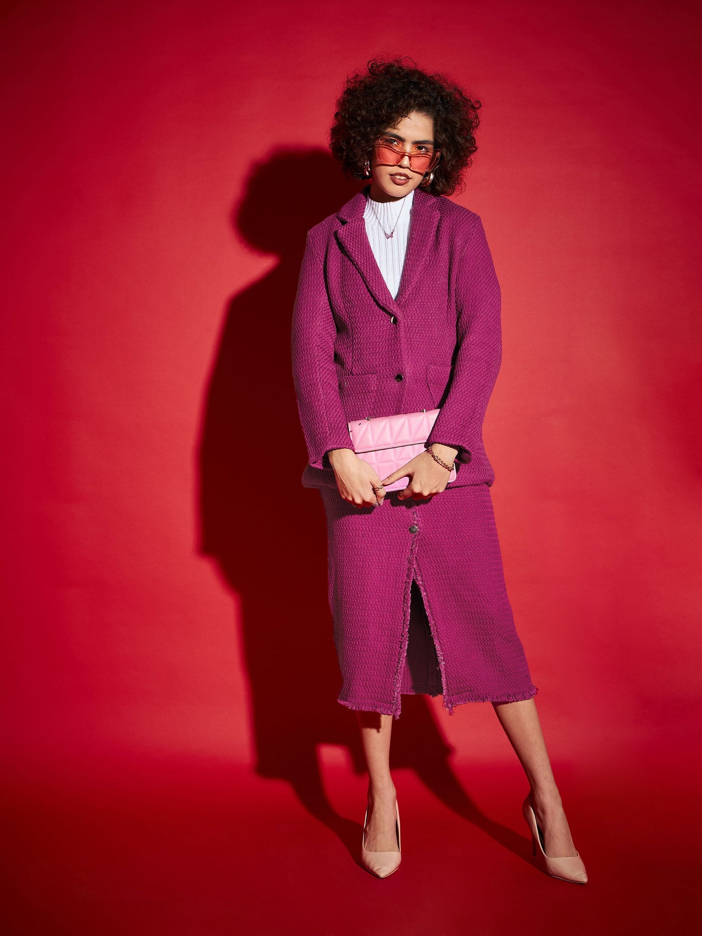Magenta Tweed Notch Collar Blazer