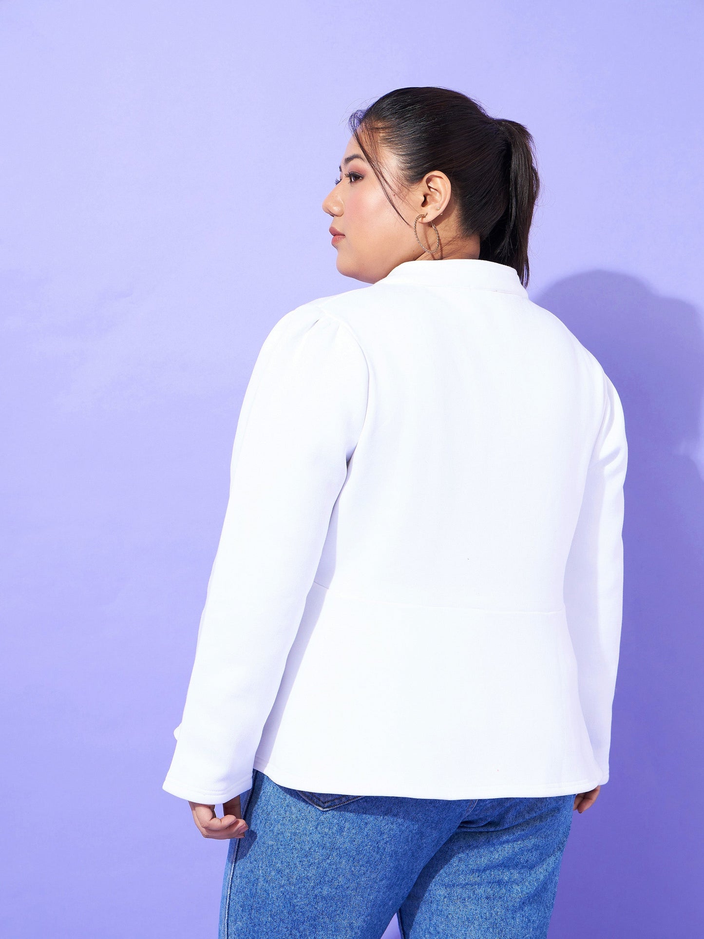 White Fleece Button Peplum Jacket