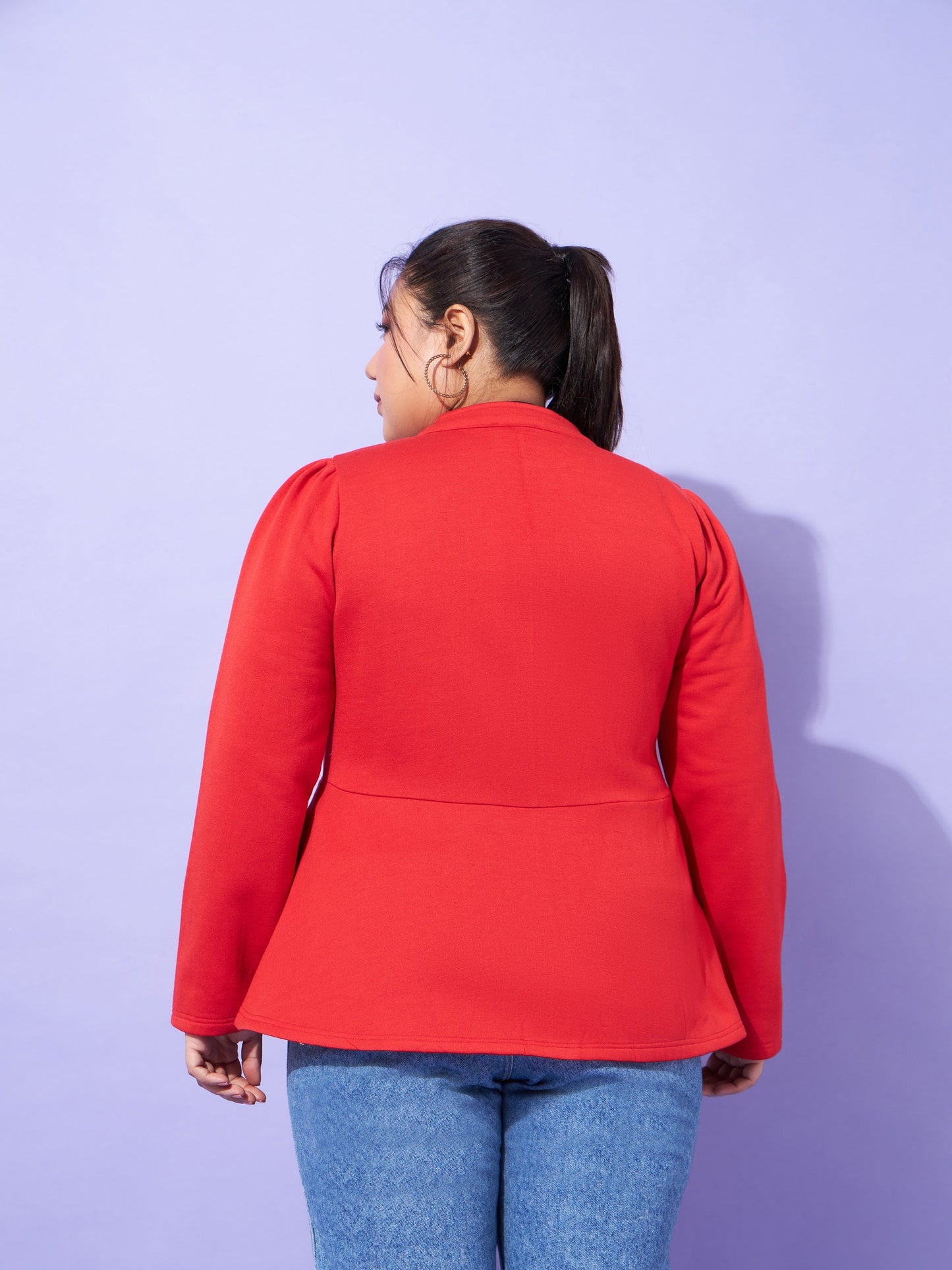 Red Fleece Button Peplum Jacket
