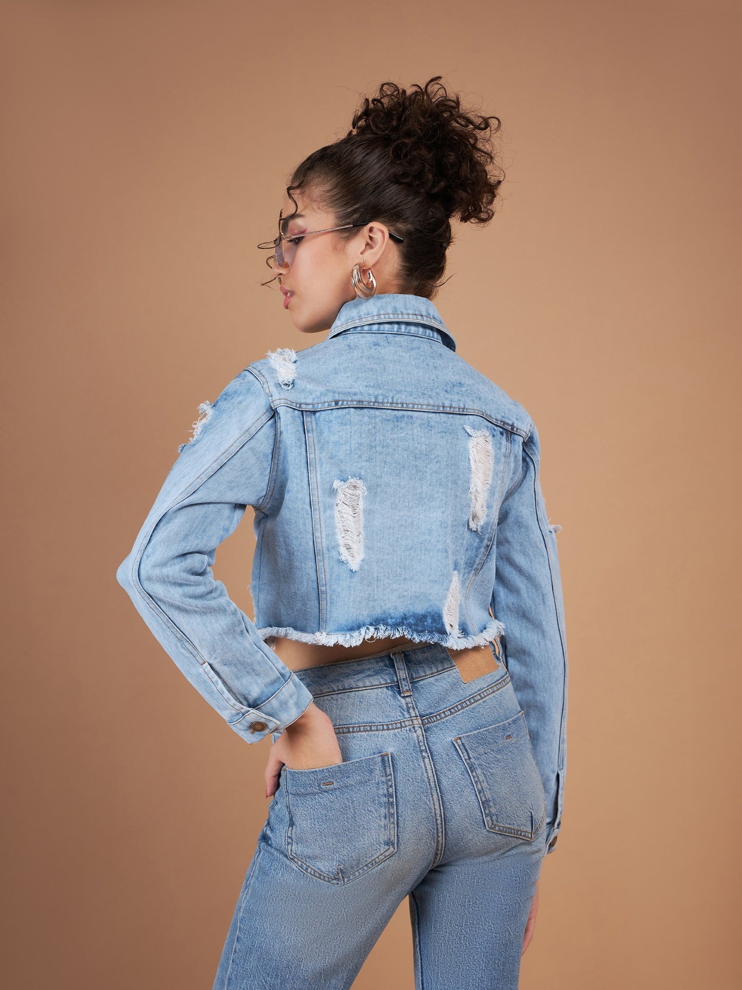 Ice Blue Distressed Denim Crop Jacket