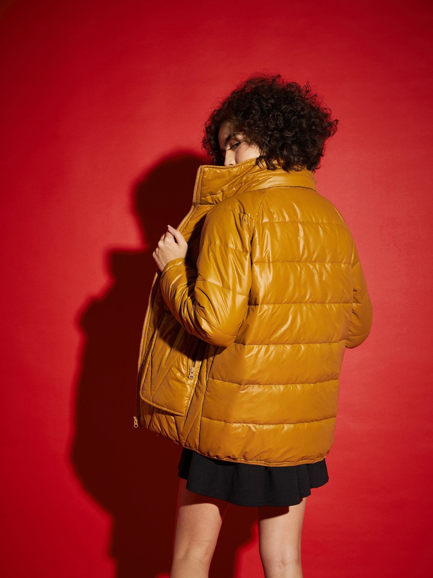 Mustard High Neck Diamond Quilt Puffer Jacket