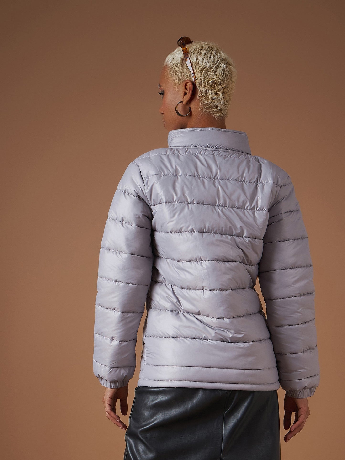 Grey High Neck Horizontal Quilt Puffer Jacket