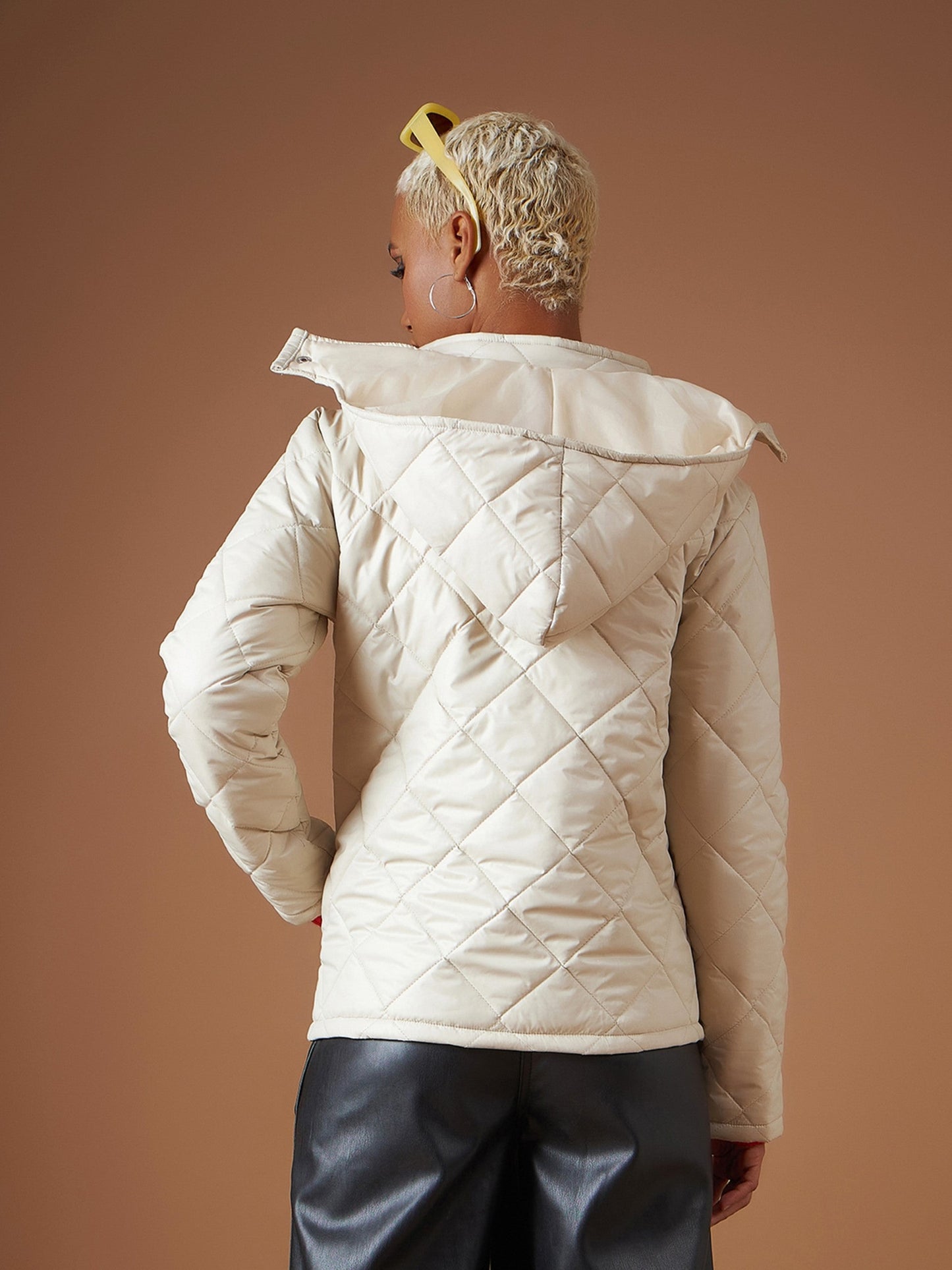 Beige Diamond Quilted Hooded Puffer Jacket