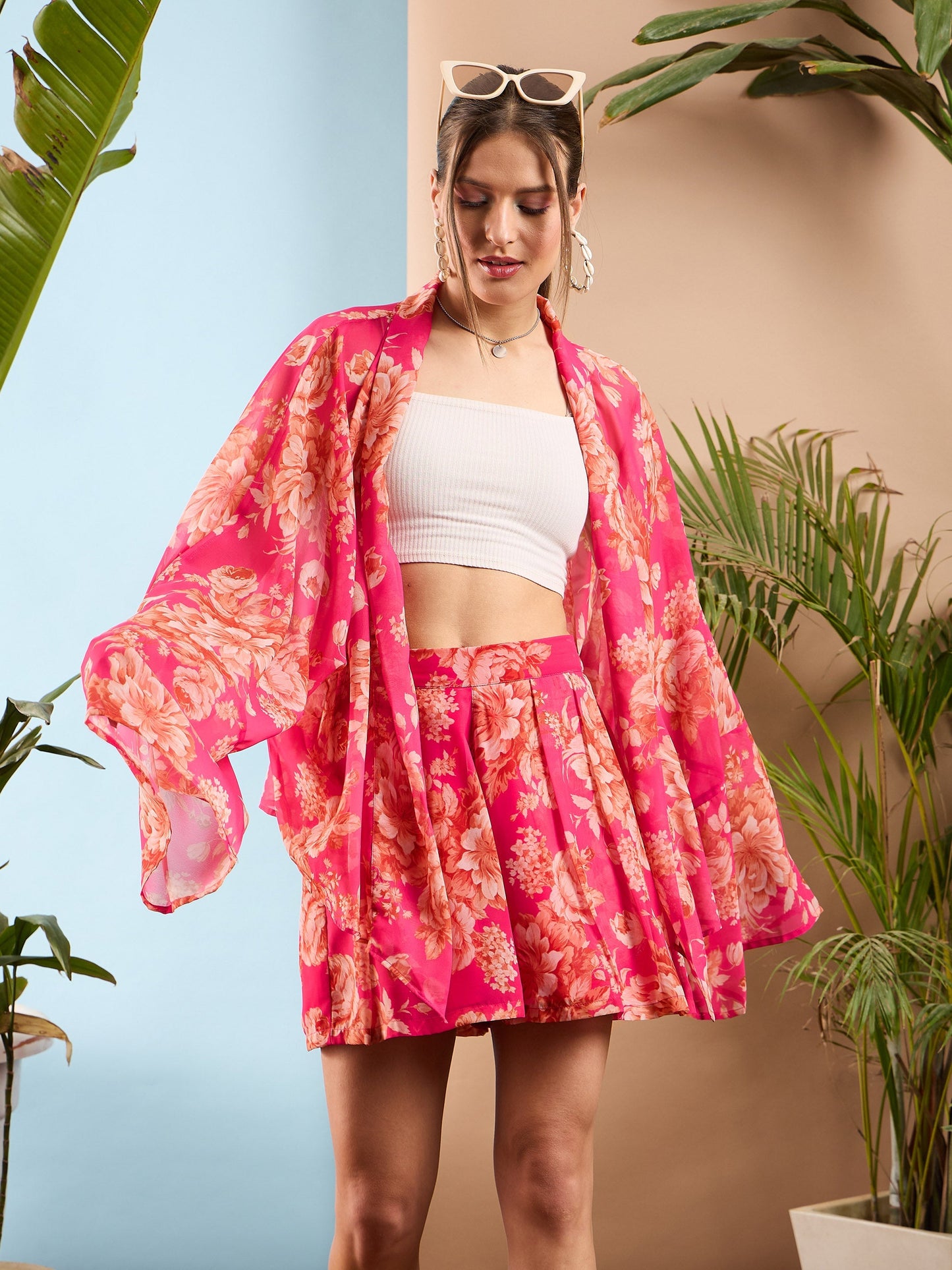 Women Pink Floral Front Open Kimono Shrug