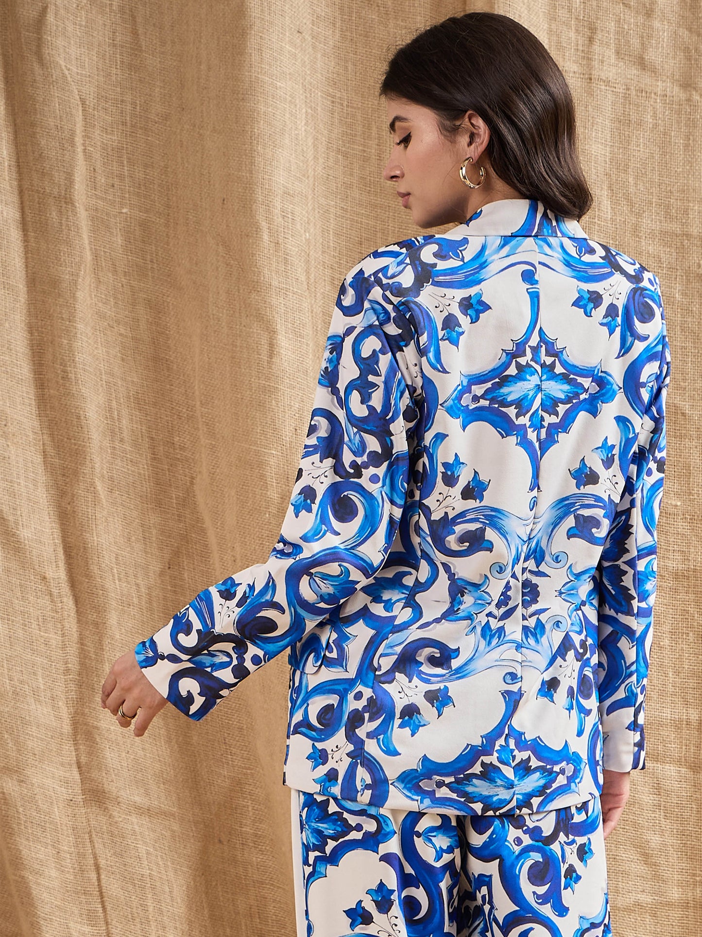 Blue Floral Printed Shawl Collar Blazer