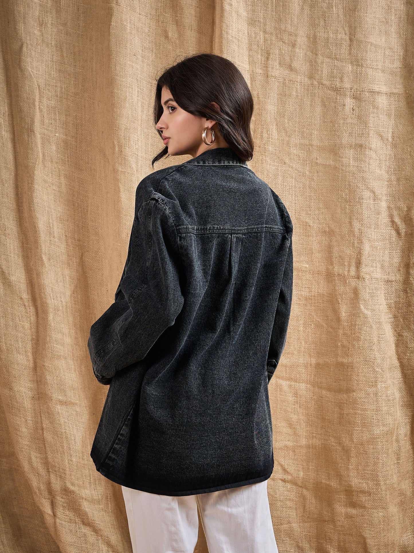 Black Denim Washed Oversized Notch Collar Blazer