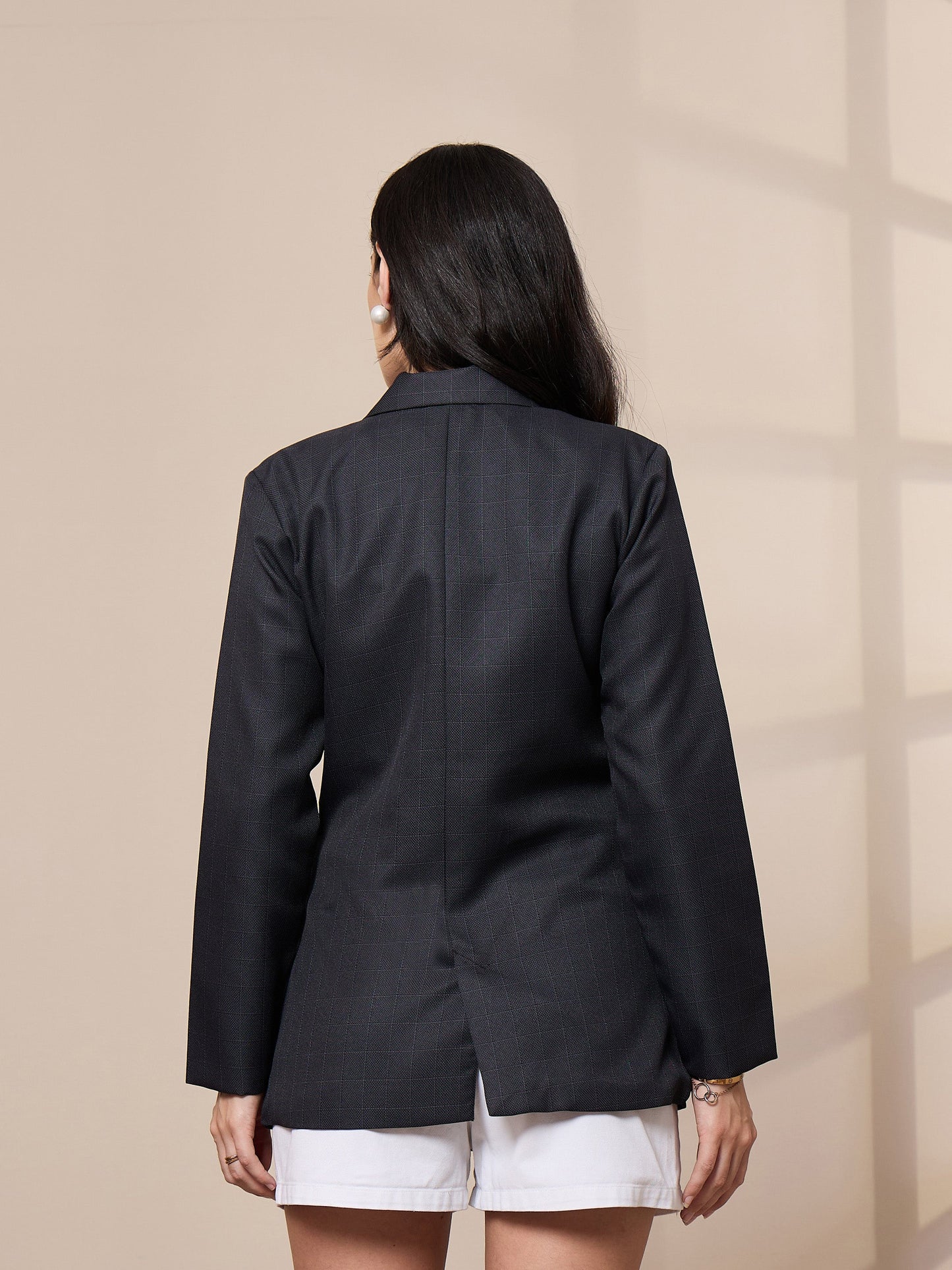 Grey Double-Breasted Check Blazer