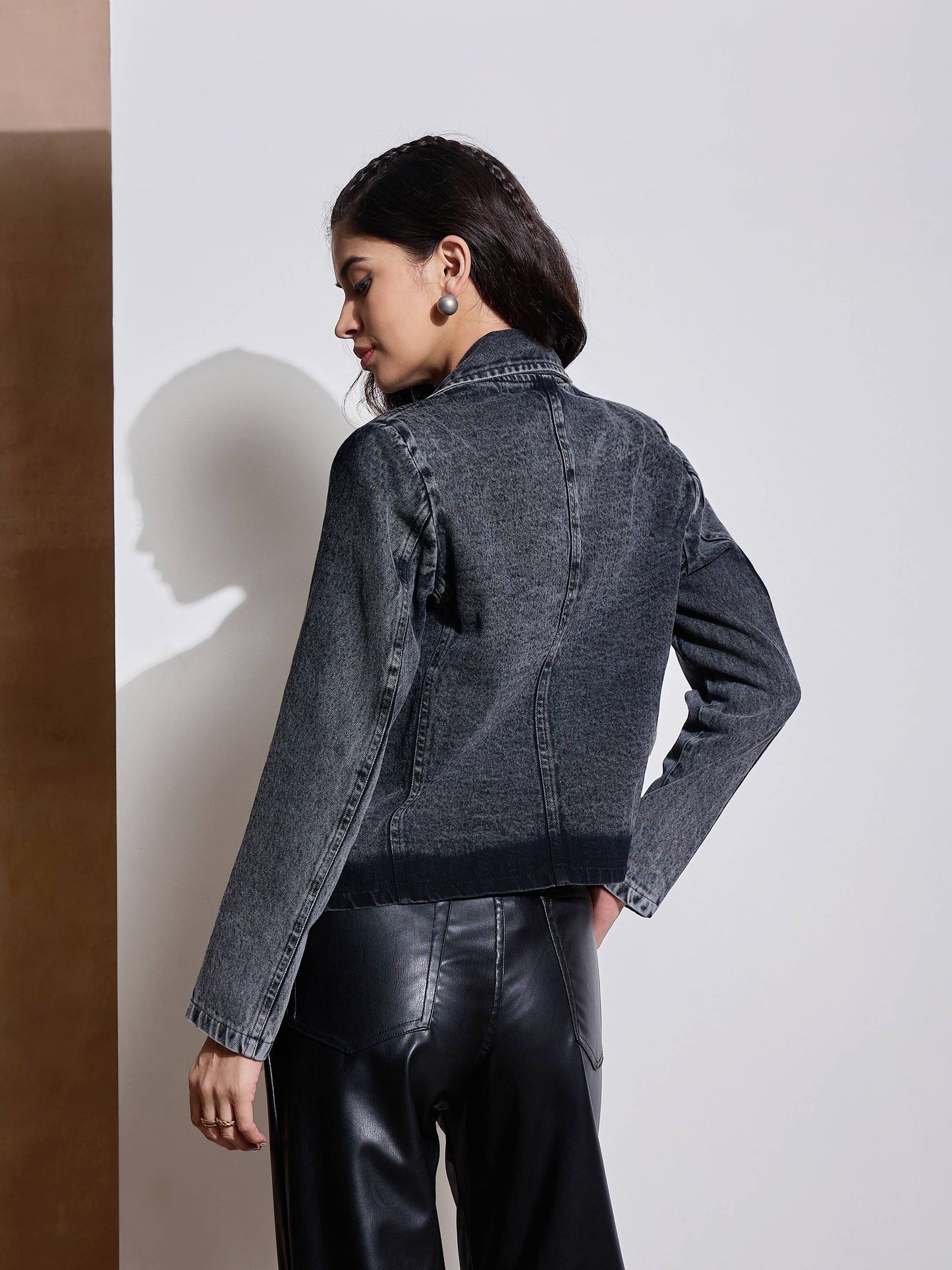 Black Denim Front Button Notch Collar Crop Blazer