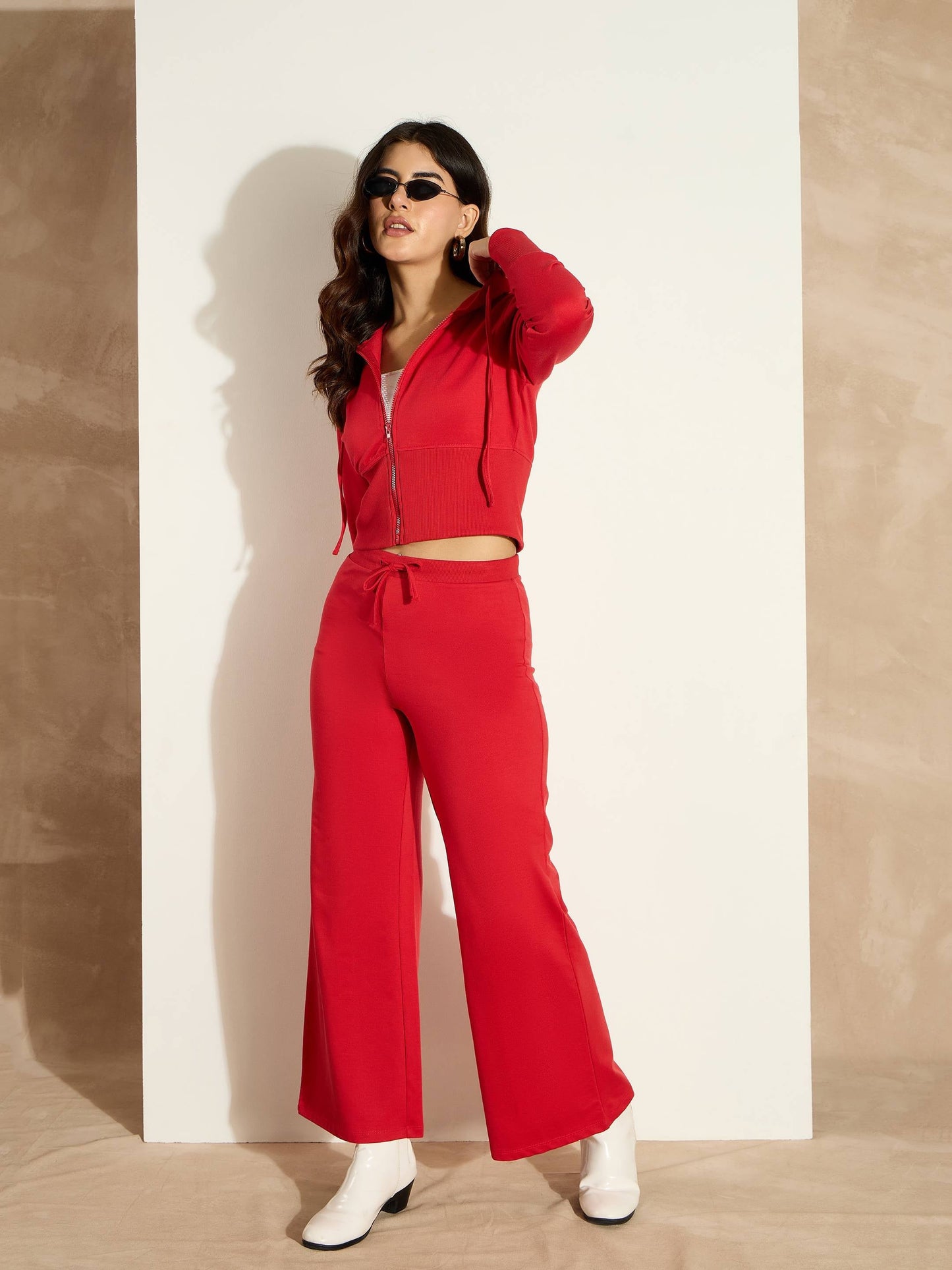 Red Terry Front Zipper Crop Jacket