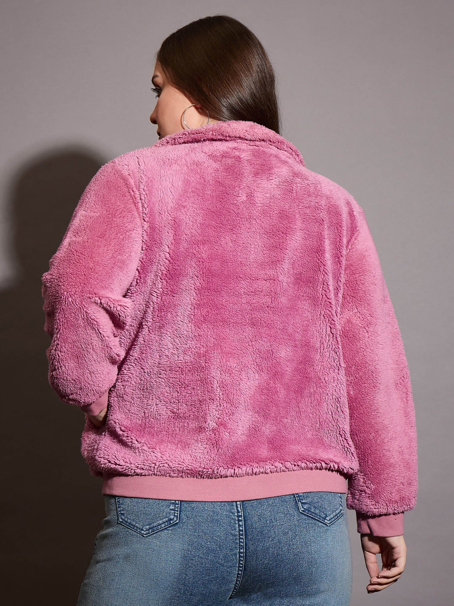 Pink Faux Fur Front Zipper Jacket-SASSAFRAS Curve