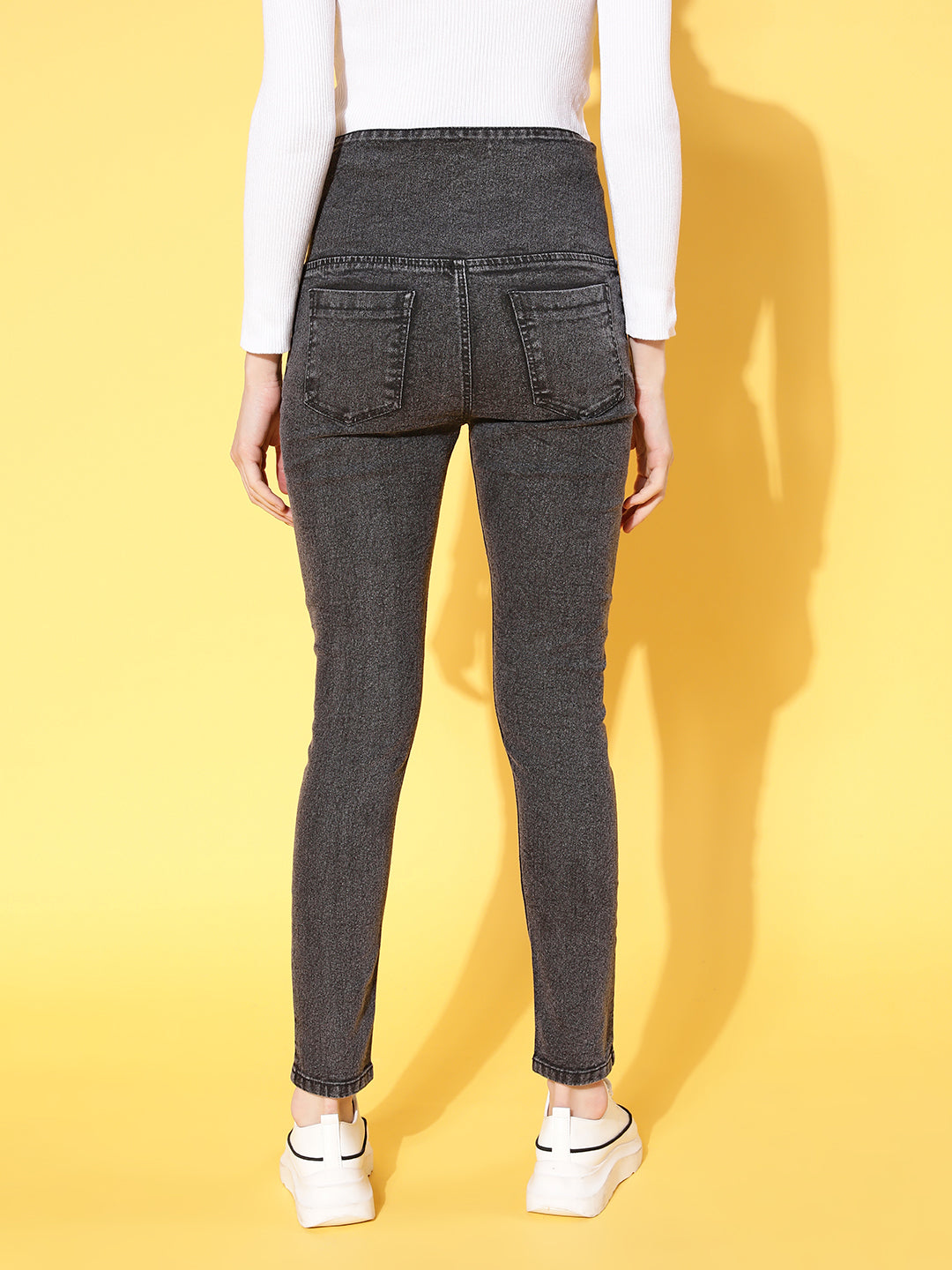 Black Washed Side Button High Waist Jeans