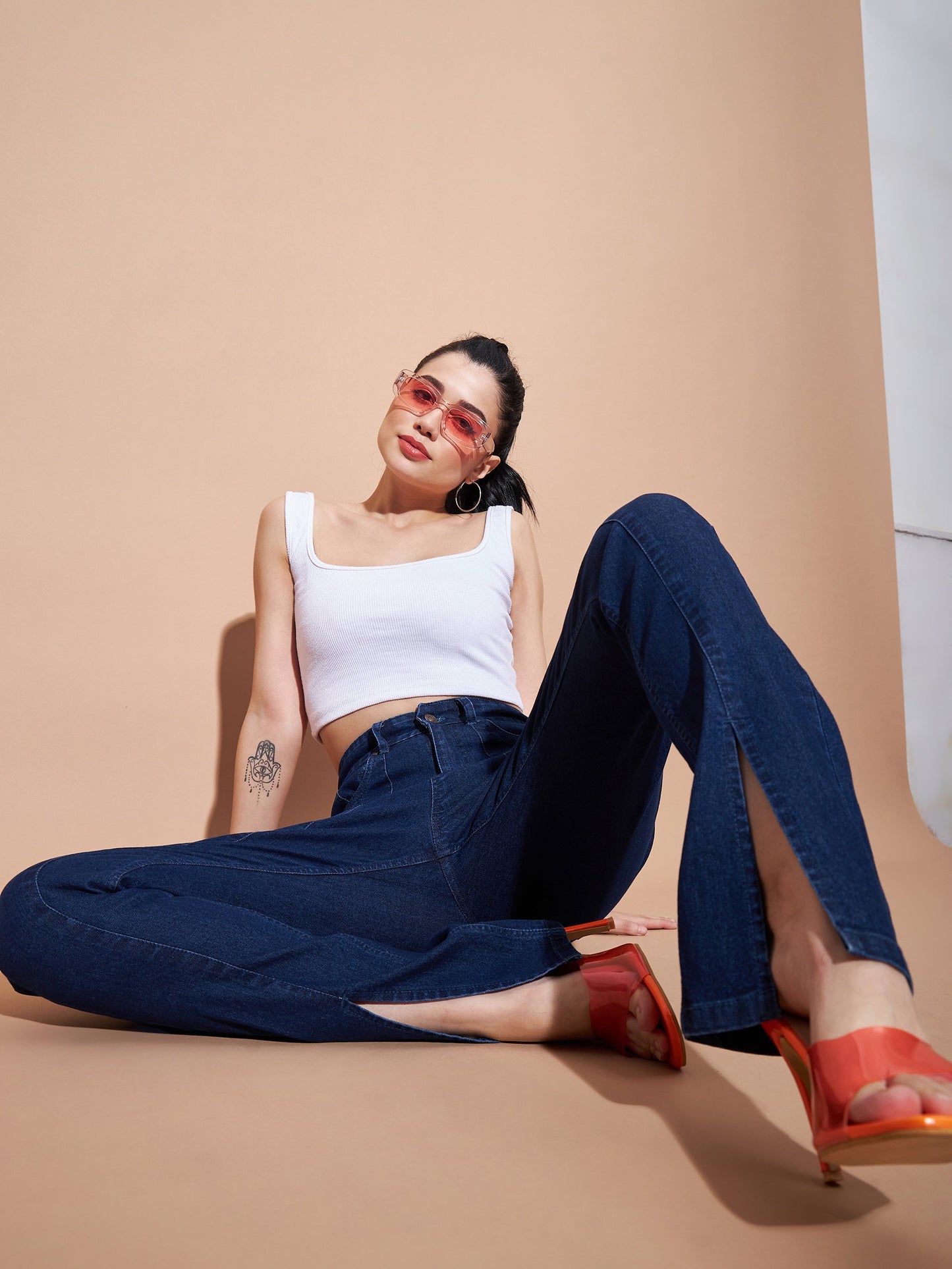 Navy Mid Rise Skinny Fit Slit Jeans