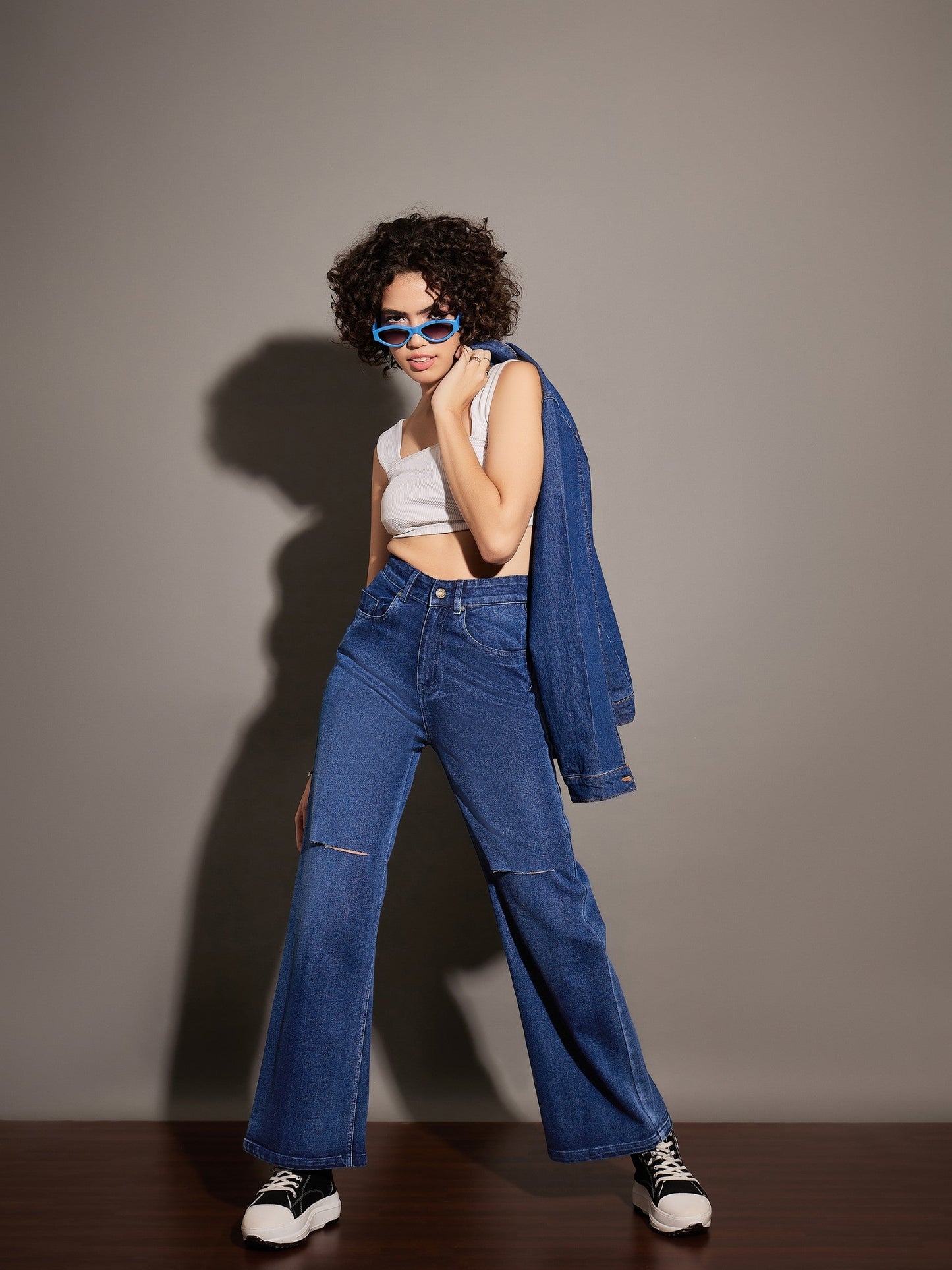 Women Classic Blue Knee Slit Straight Jeans