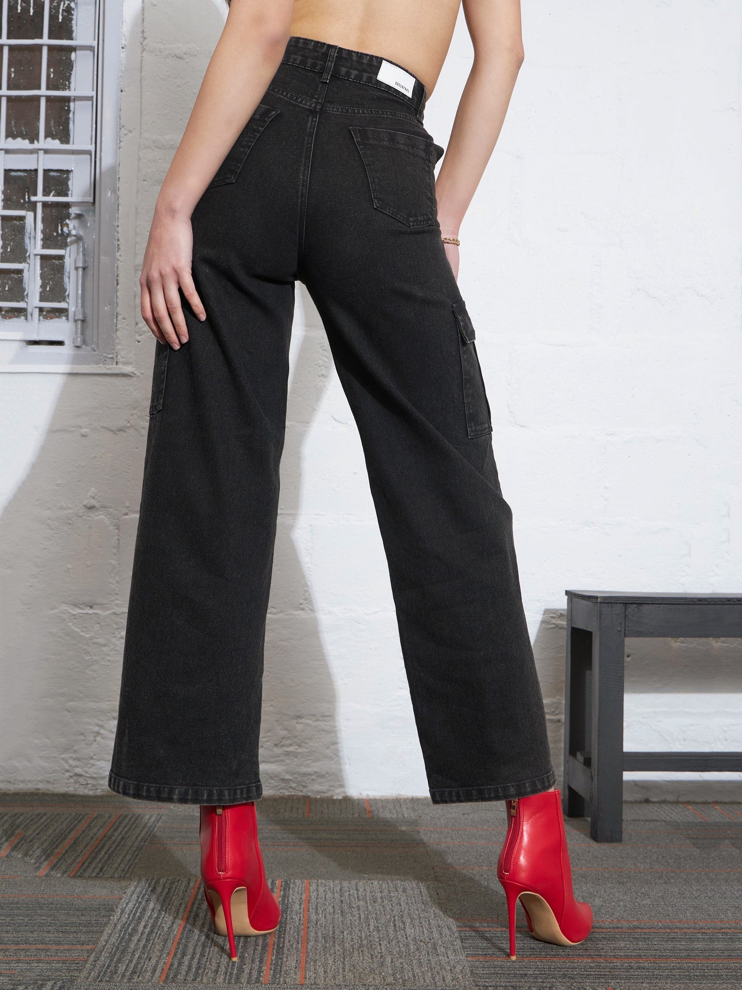 Black Washed Waist Cut Out Cargo Jeans