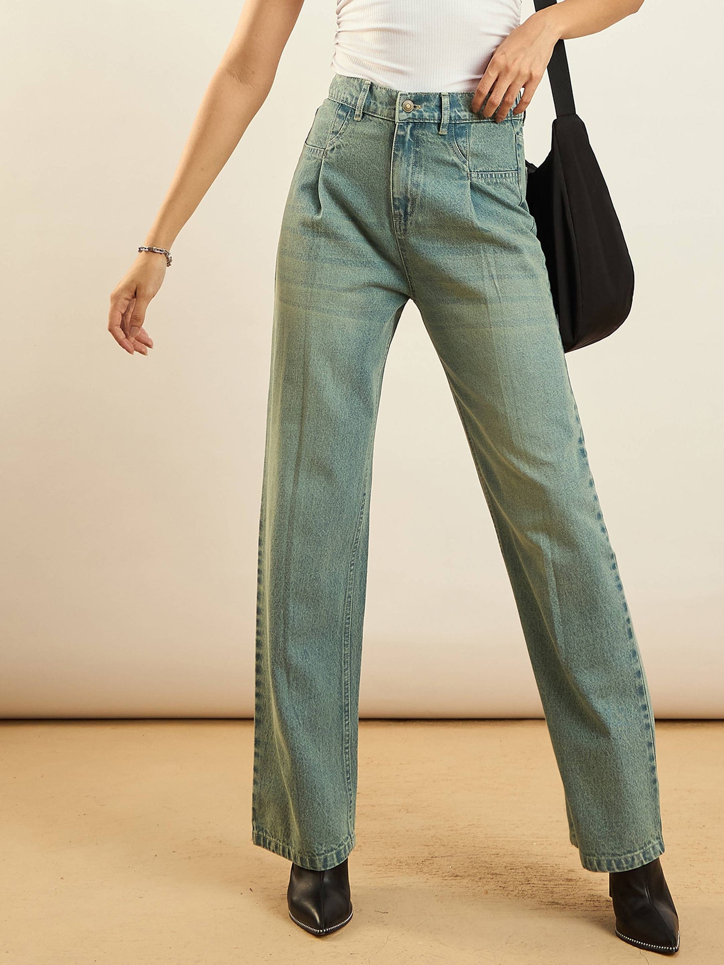 Green Washed Front Darted Straight Fit Jeans