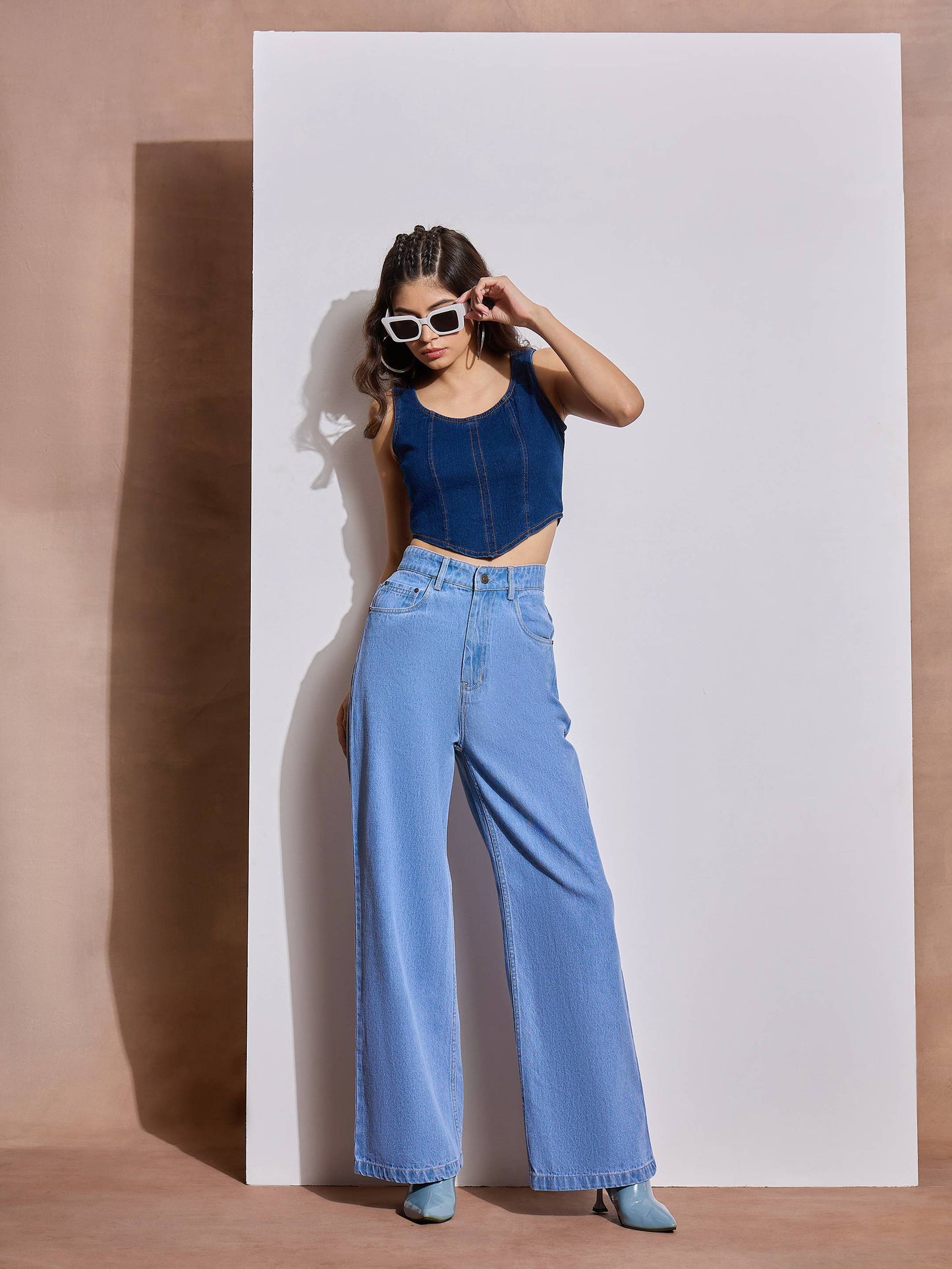 Ice Blue Heart Pockets Straight Jeans