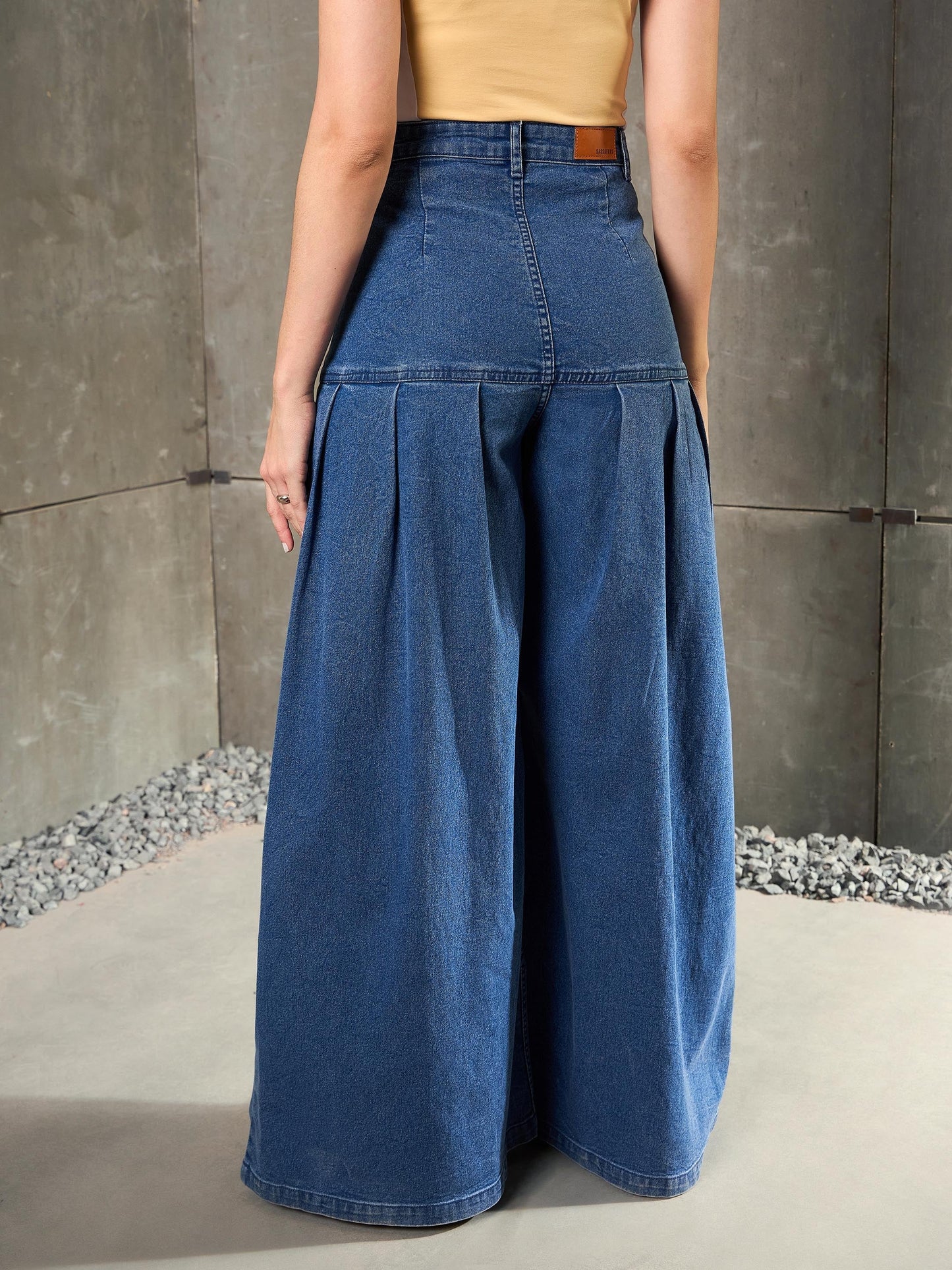 Blue Washed Pleated Flared Jeans
