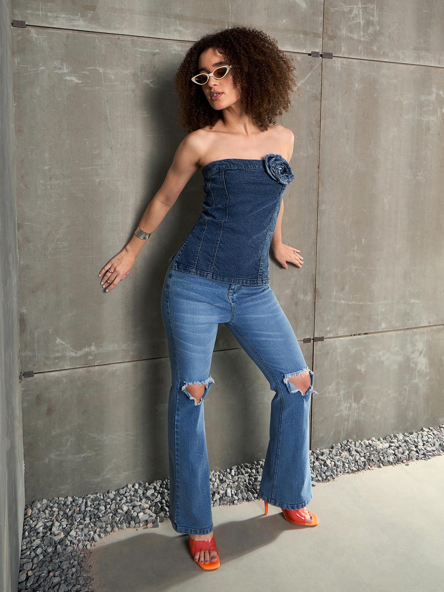 Blue Denim Knee Cut Bell Bottom Jeans