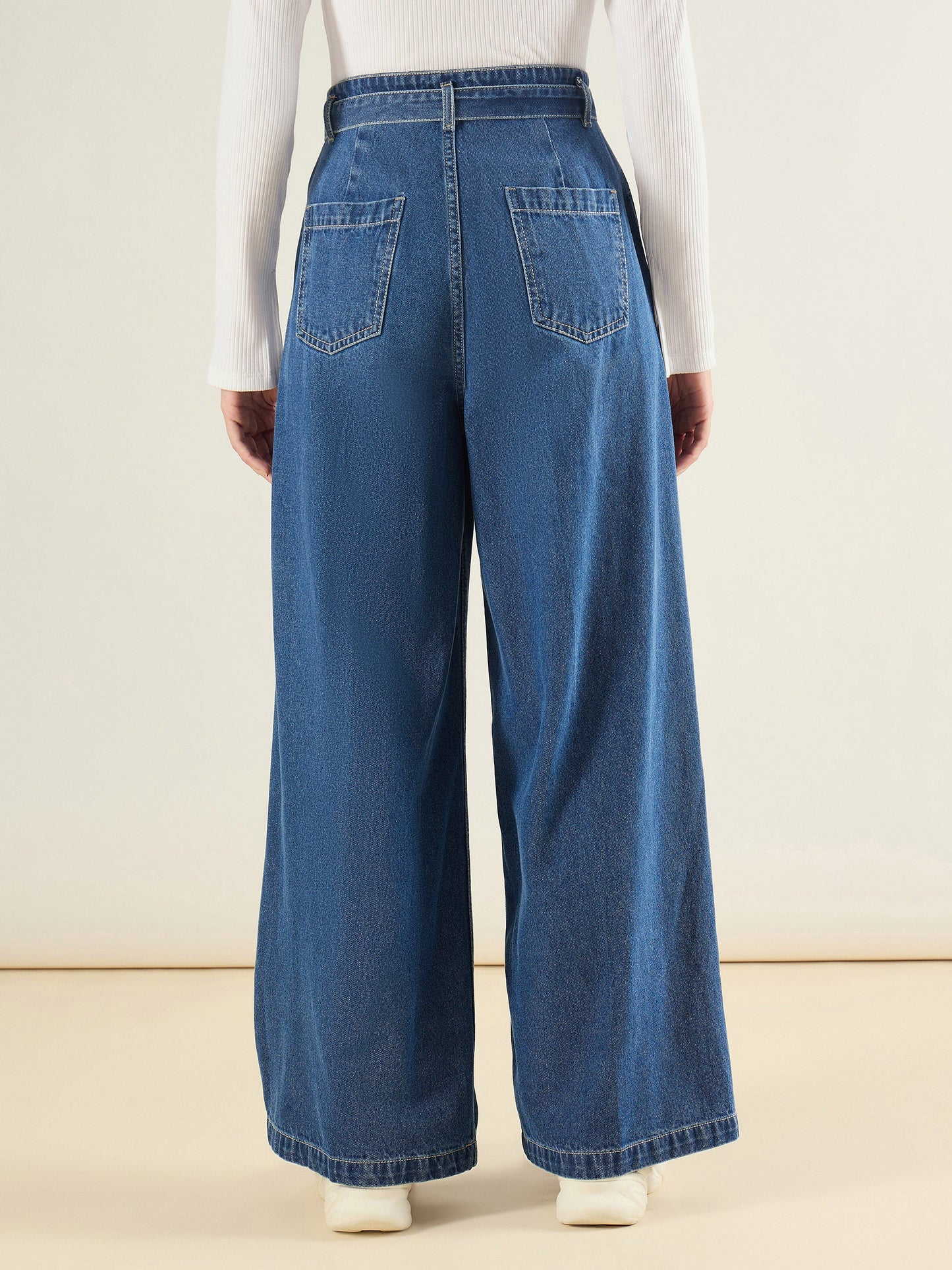 Blue Wash Wide Leg Belted Denim Jeans