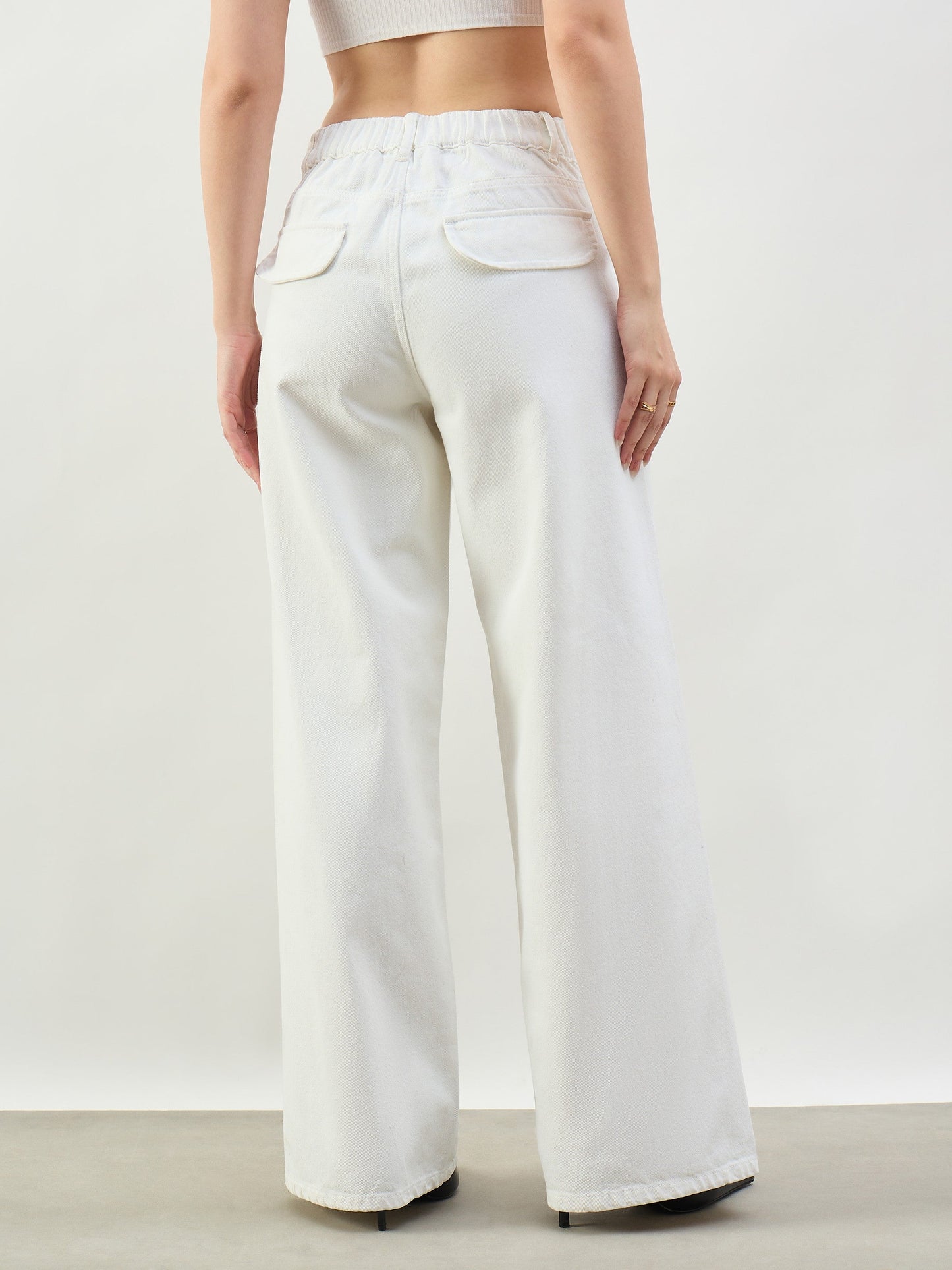 White Seam Detail Wide Leg Jeans