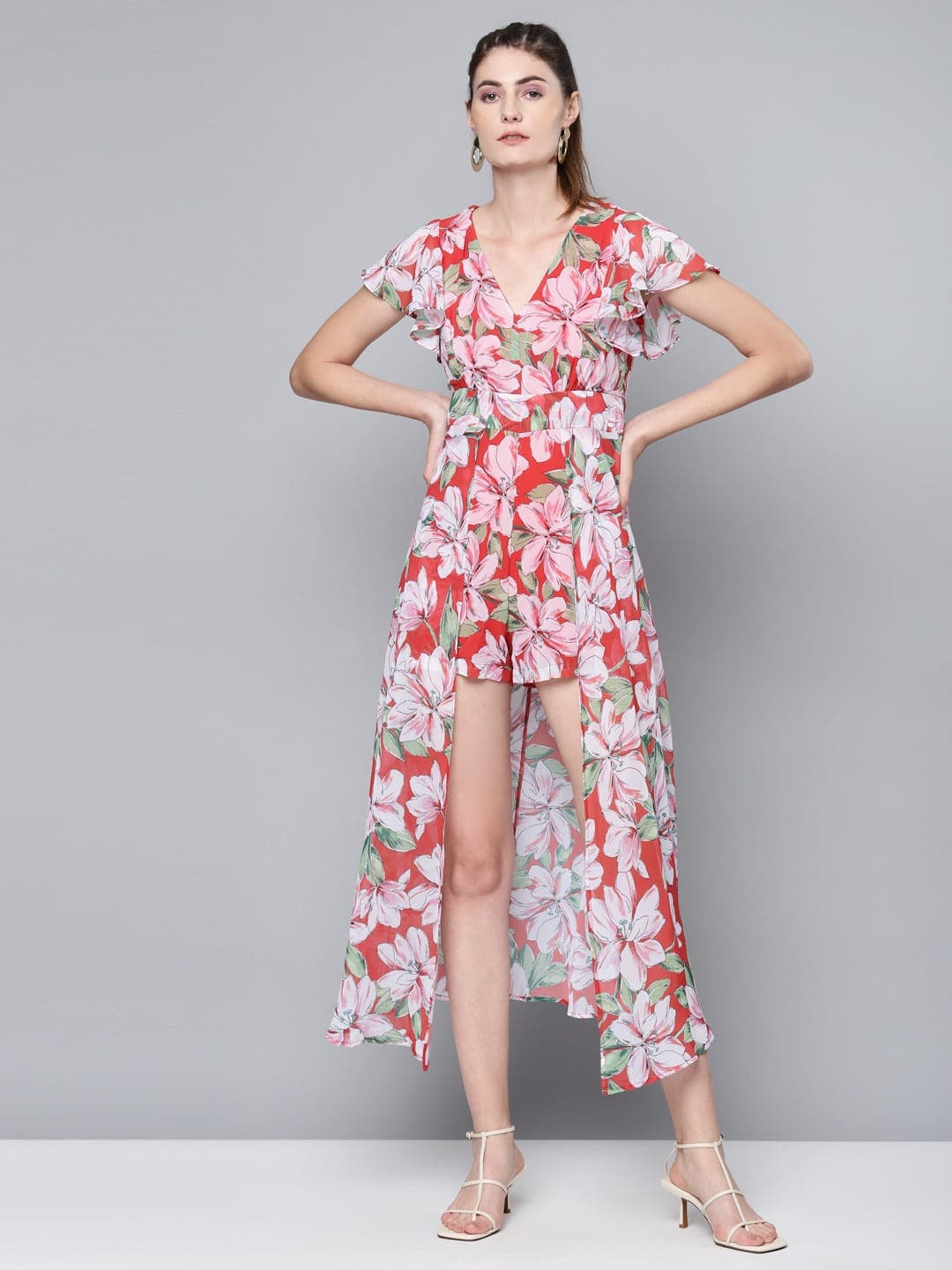 maxi romper jumpsuit dress Sassafras Red Floral Maxi Romper M / Red