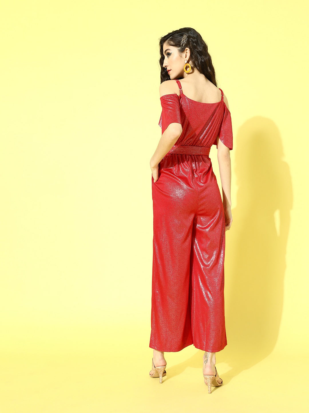 Red Metallic Cold Shoulder Strappy Jumpsuit