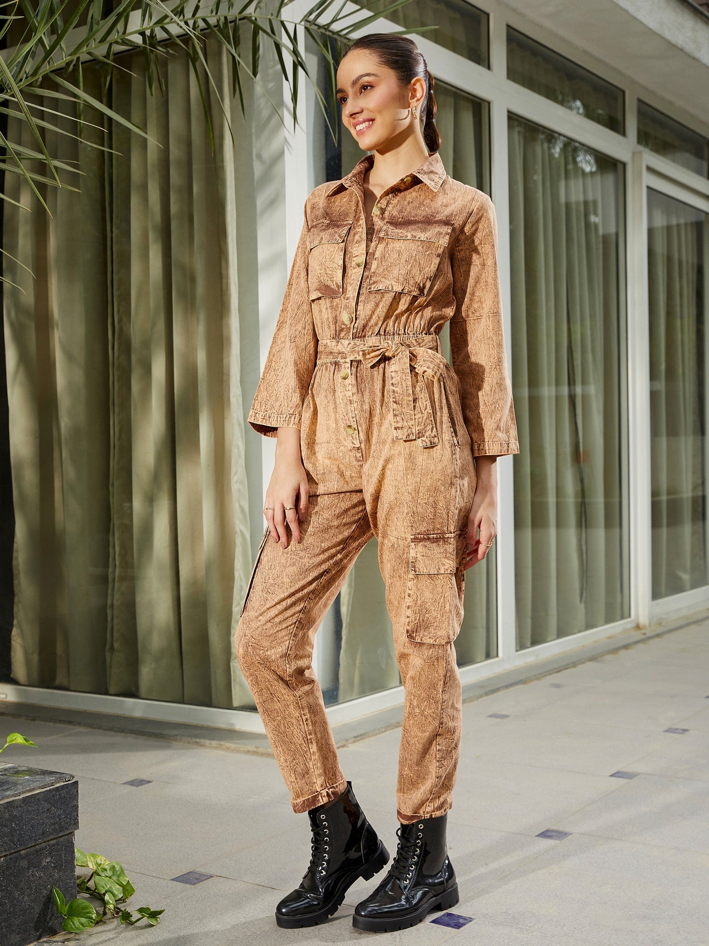 Brown Washed Front Button Cargo Jumpsuit
