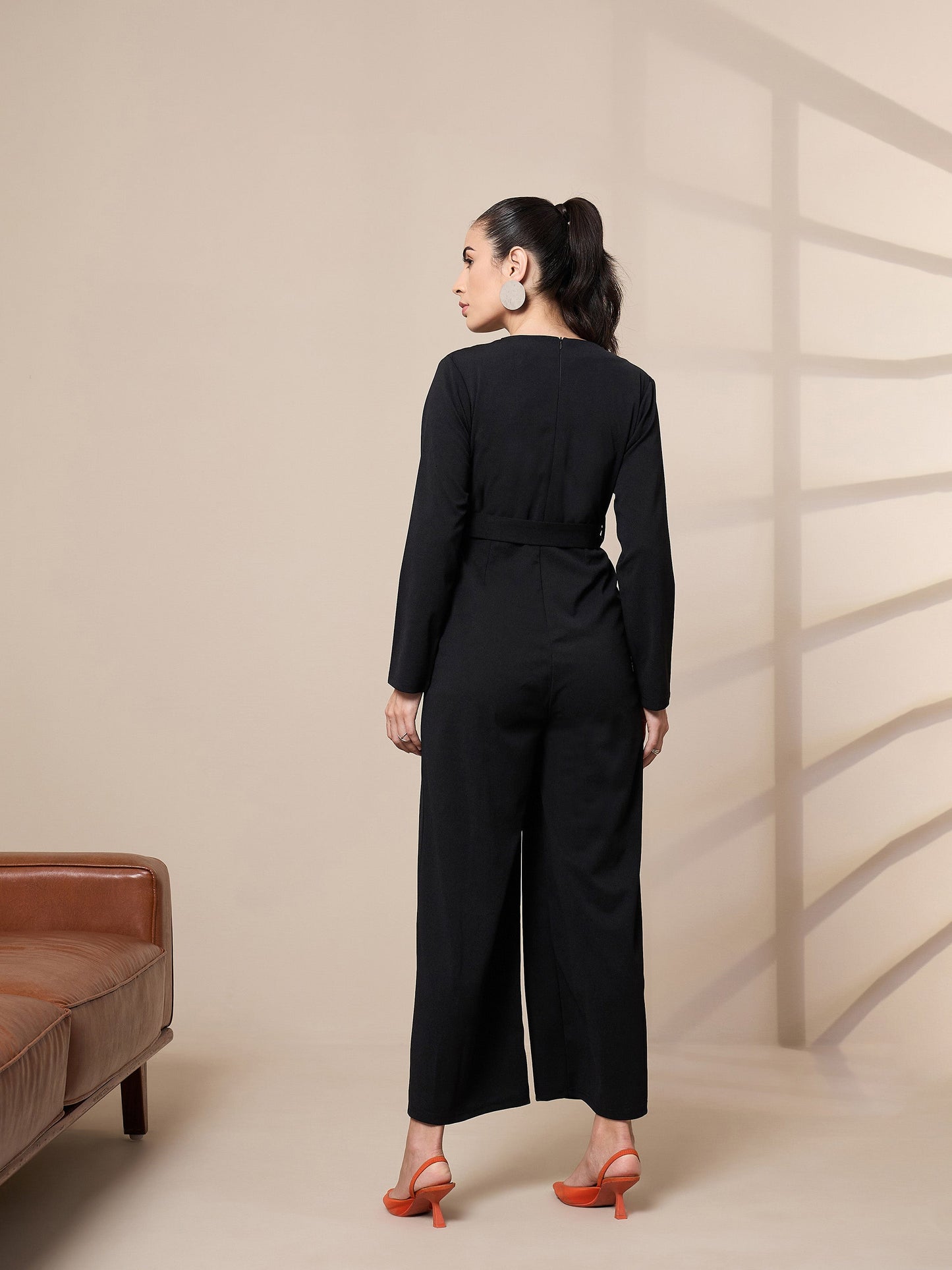 Black V-Neck Belted Jumpsuit