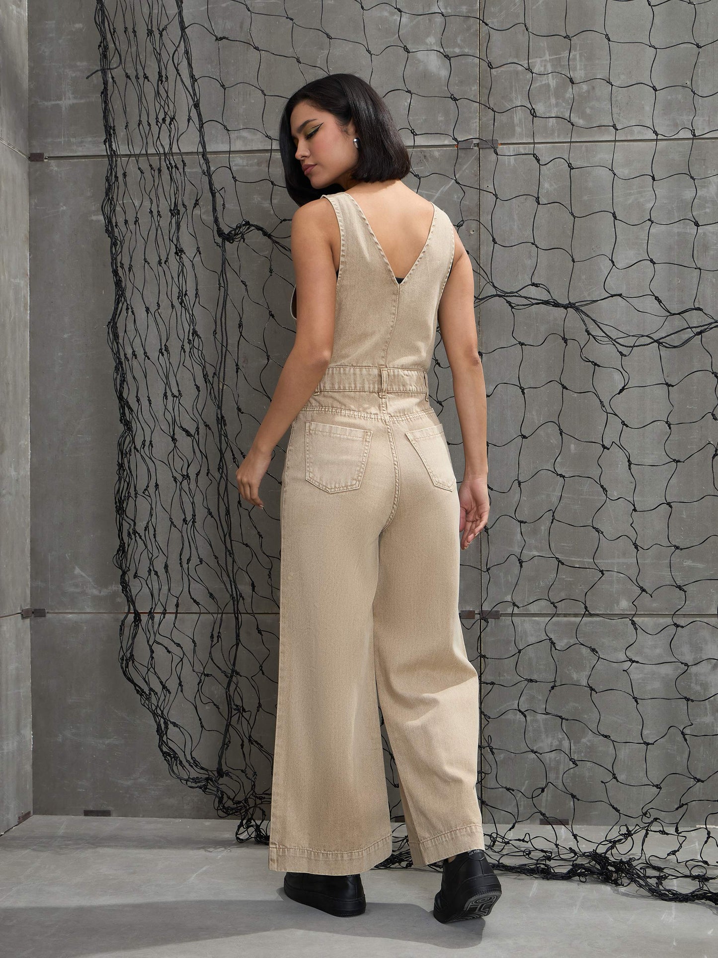 Women Beige Deep V-Neck Denim Flared Leg Jumpsuit