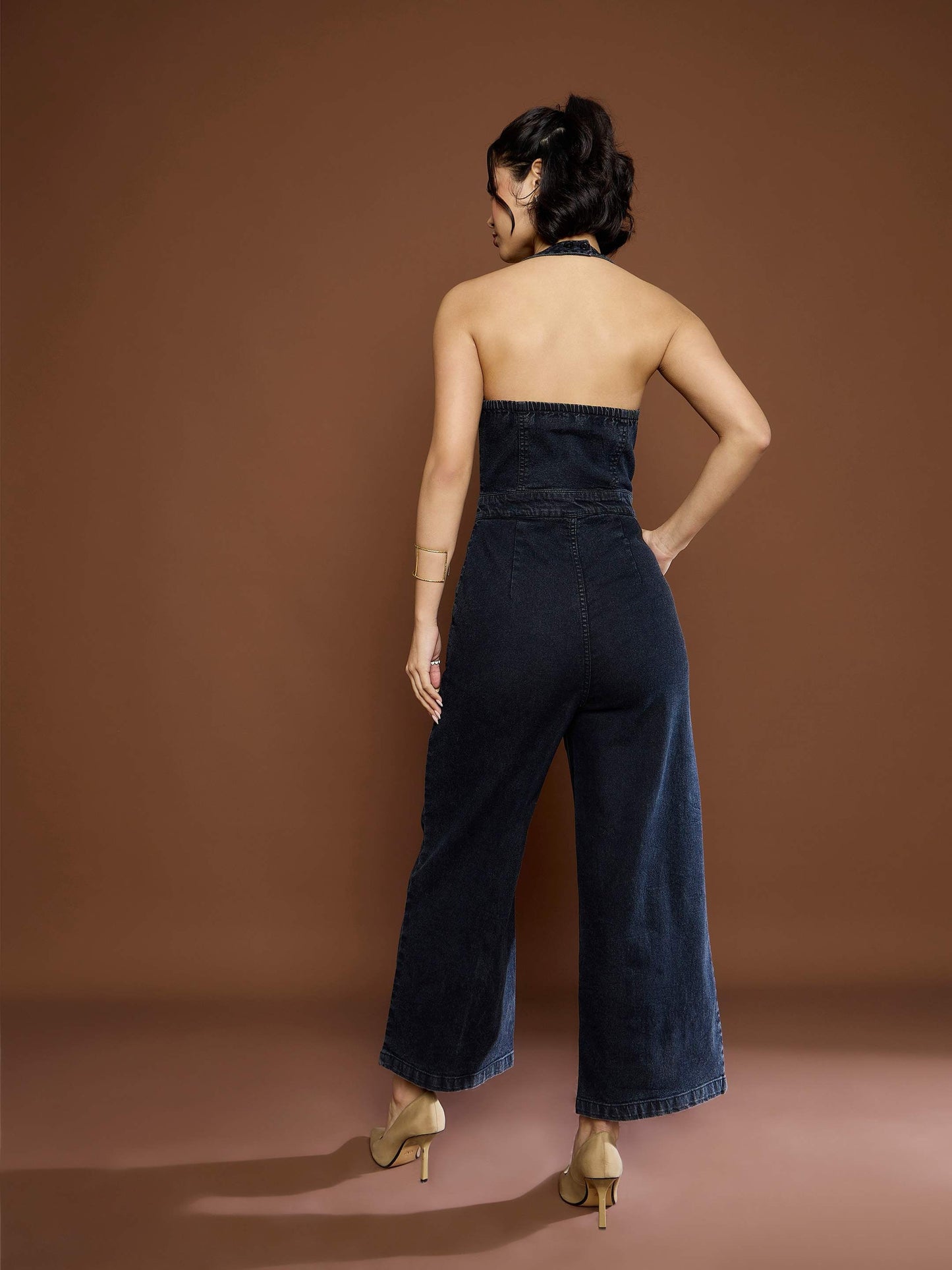 Women Black Washed Denim Halter Neck Jumpsuit