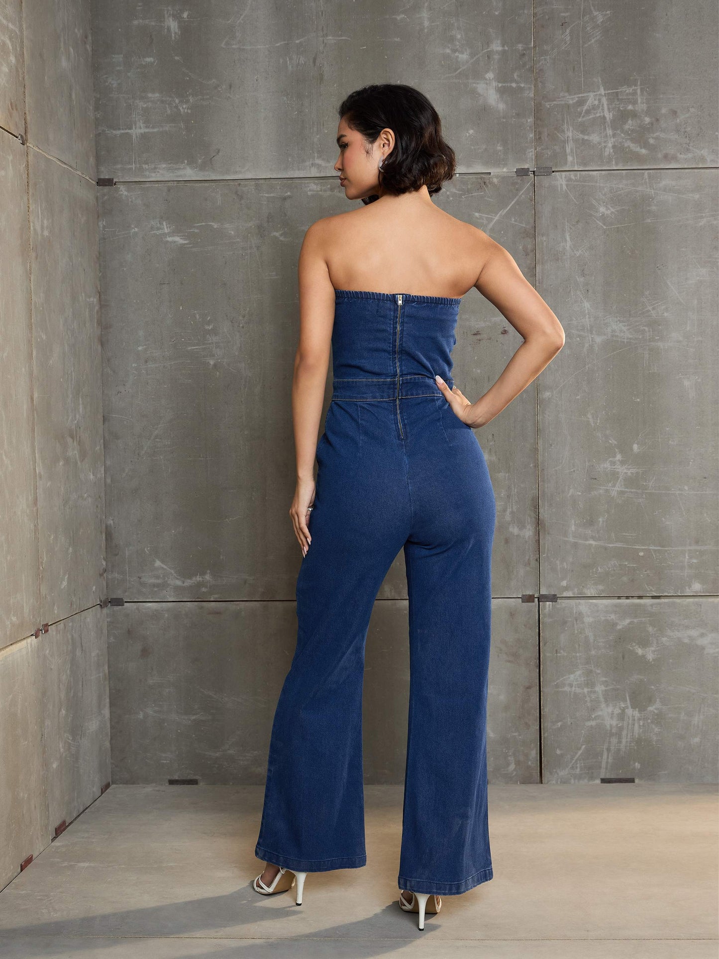 Women Navy Blue Denim Off Shoulder Jumpsuit
