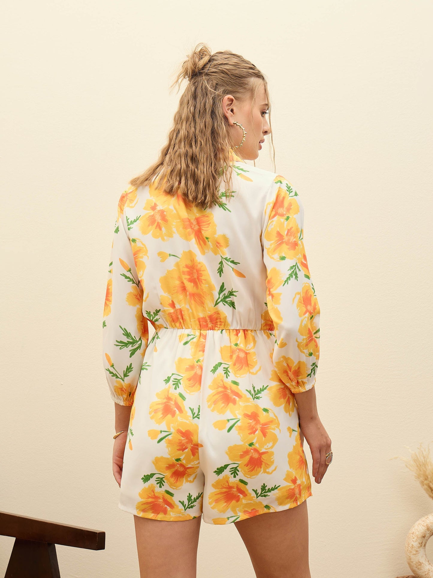 Women Yellow Floral Tie-Knot Playsuit