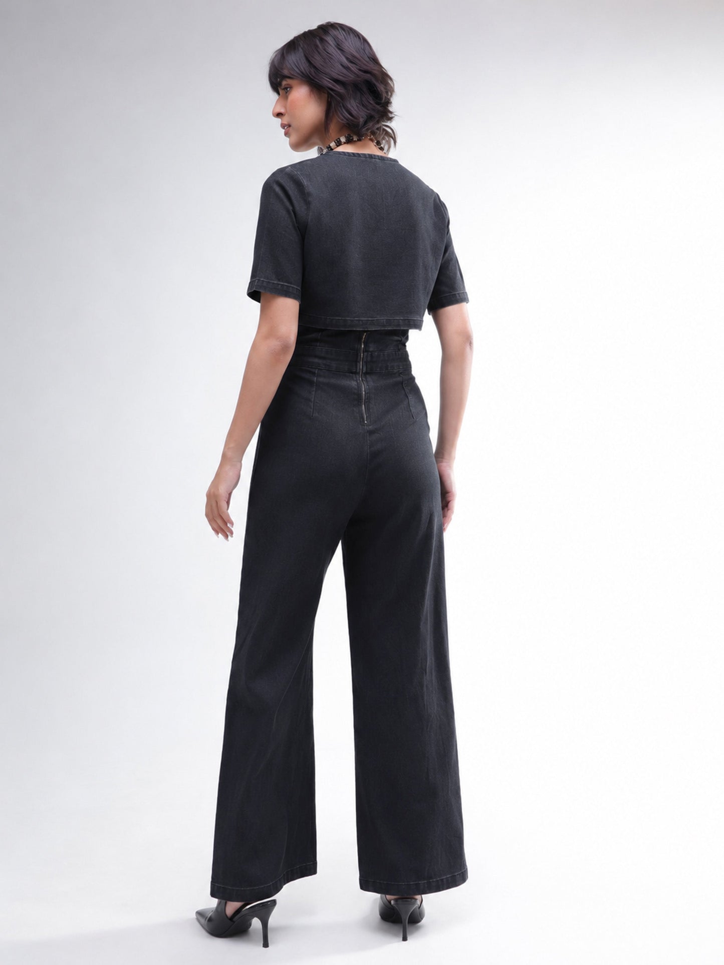 Women Black Denim Jumpsuit With Crop Jacket