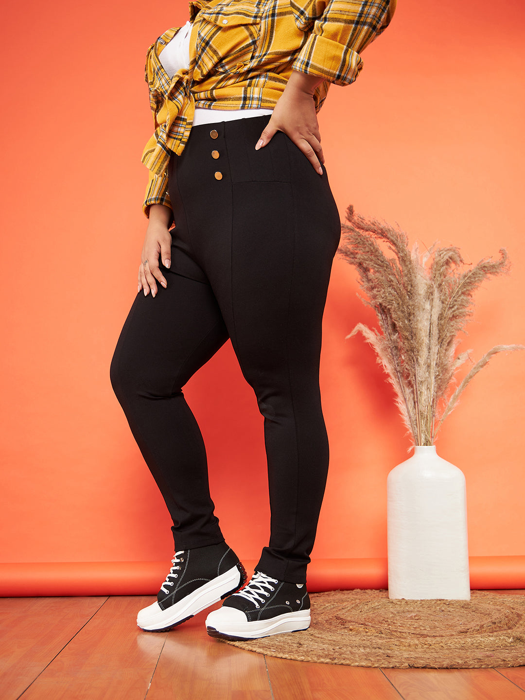 Women Black Show Button High Waist Jeggings