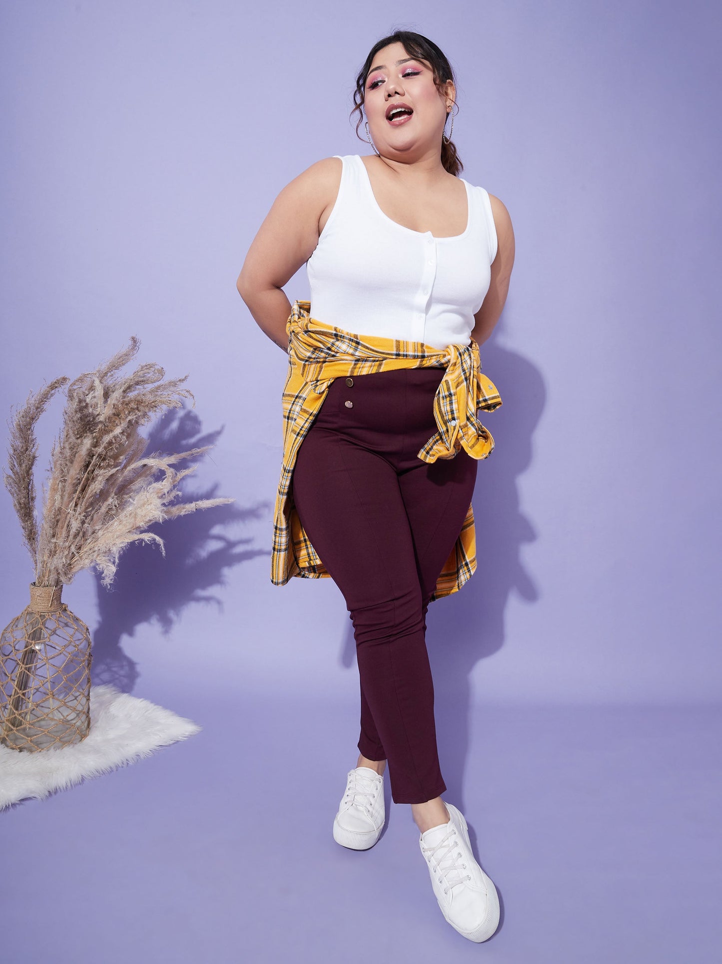 Burgundy Show Button High Waist Jeggings
