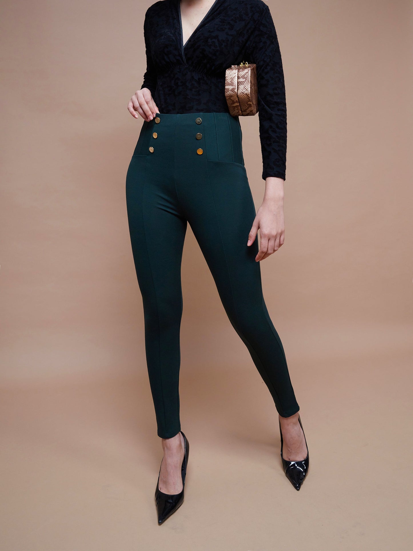 Emerald Green Show Button Jeggings