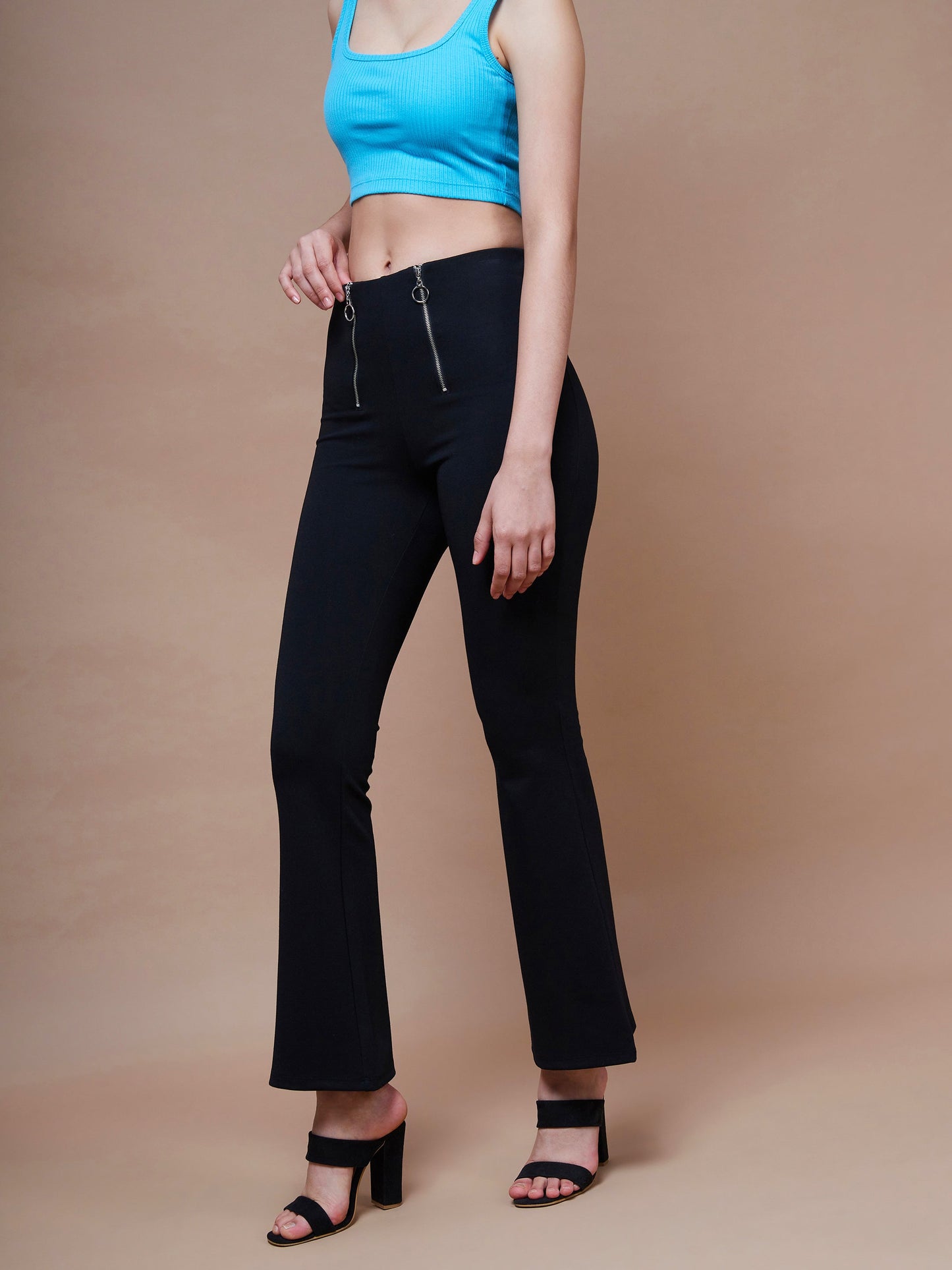 Black Front Zipper Bell Bottom Pants