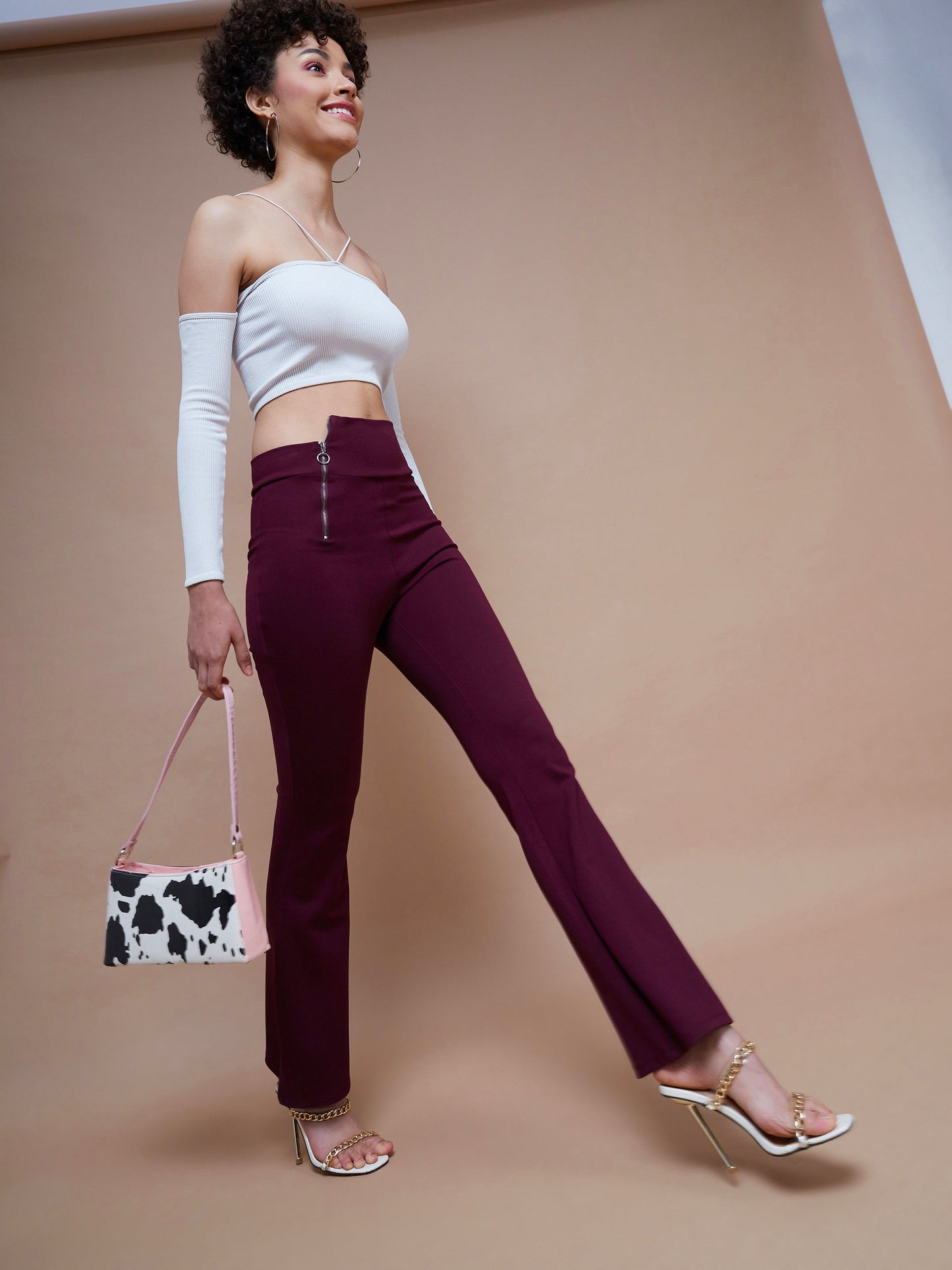 Burgundy Side Zipper Bell Bottom Pants