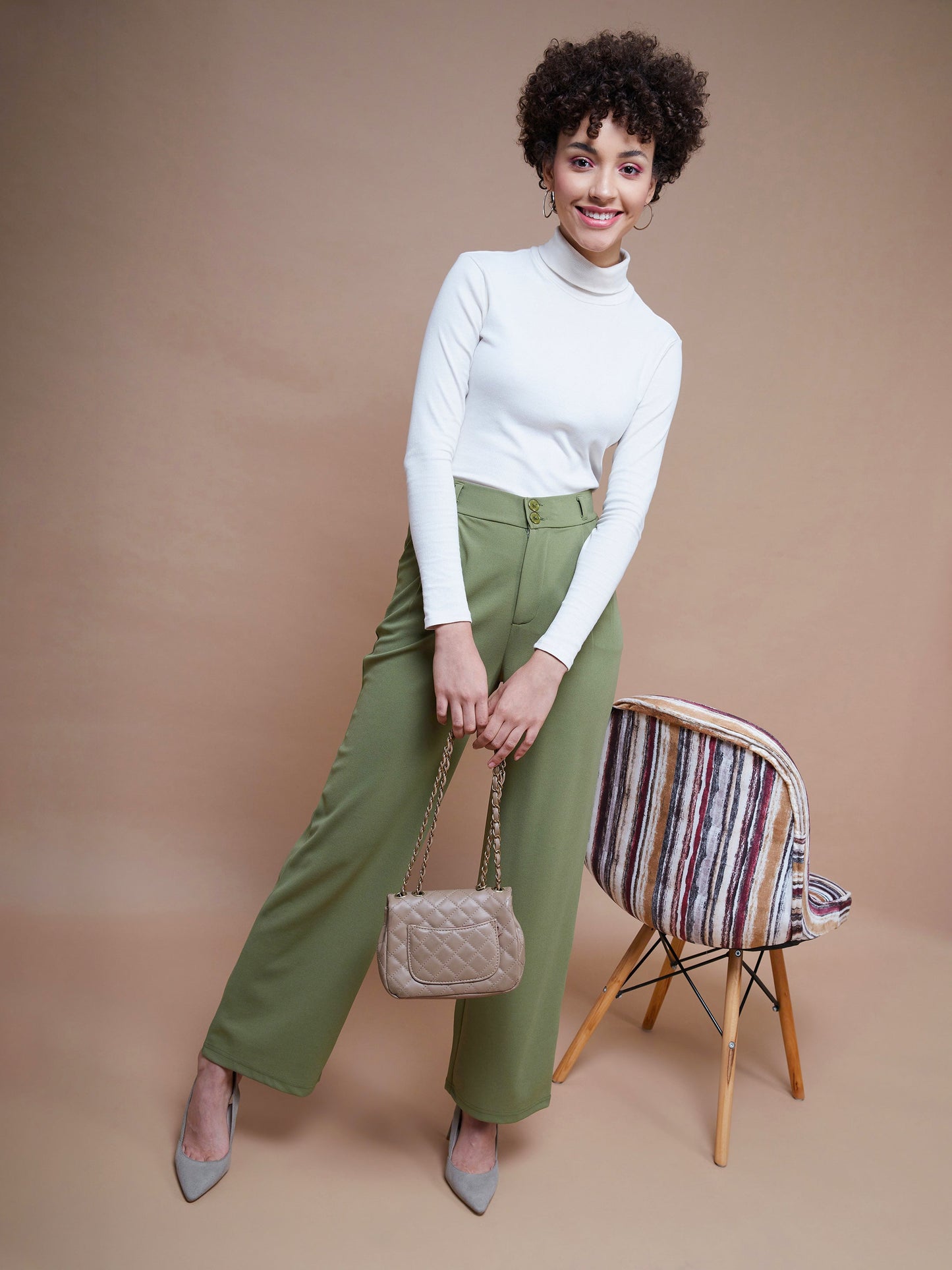 Olive Pleated Straight Stretchable Pants