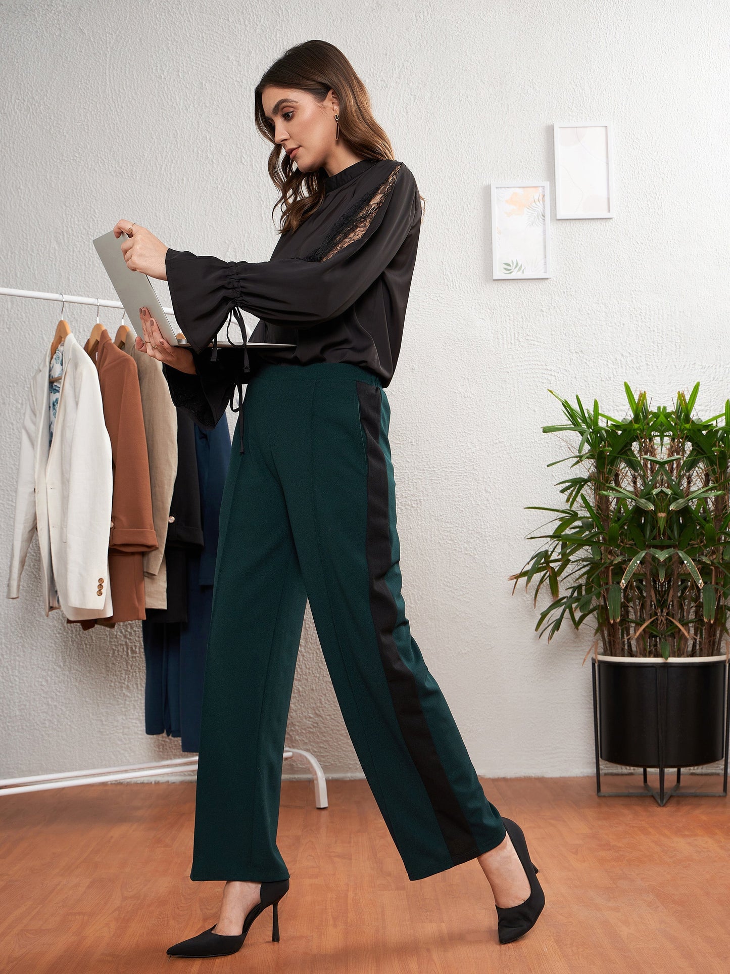 Emerald Green Side Tape Straight Pants