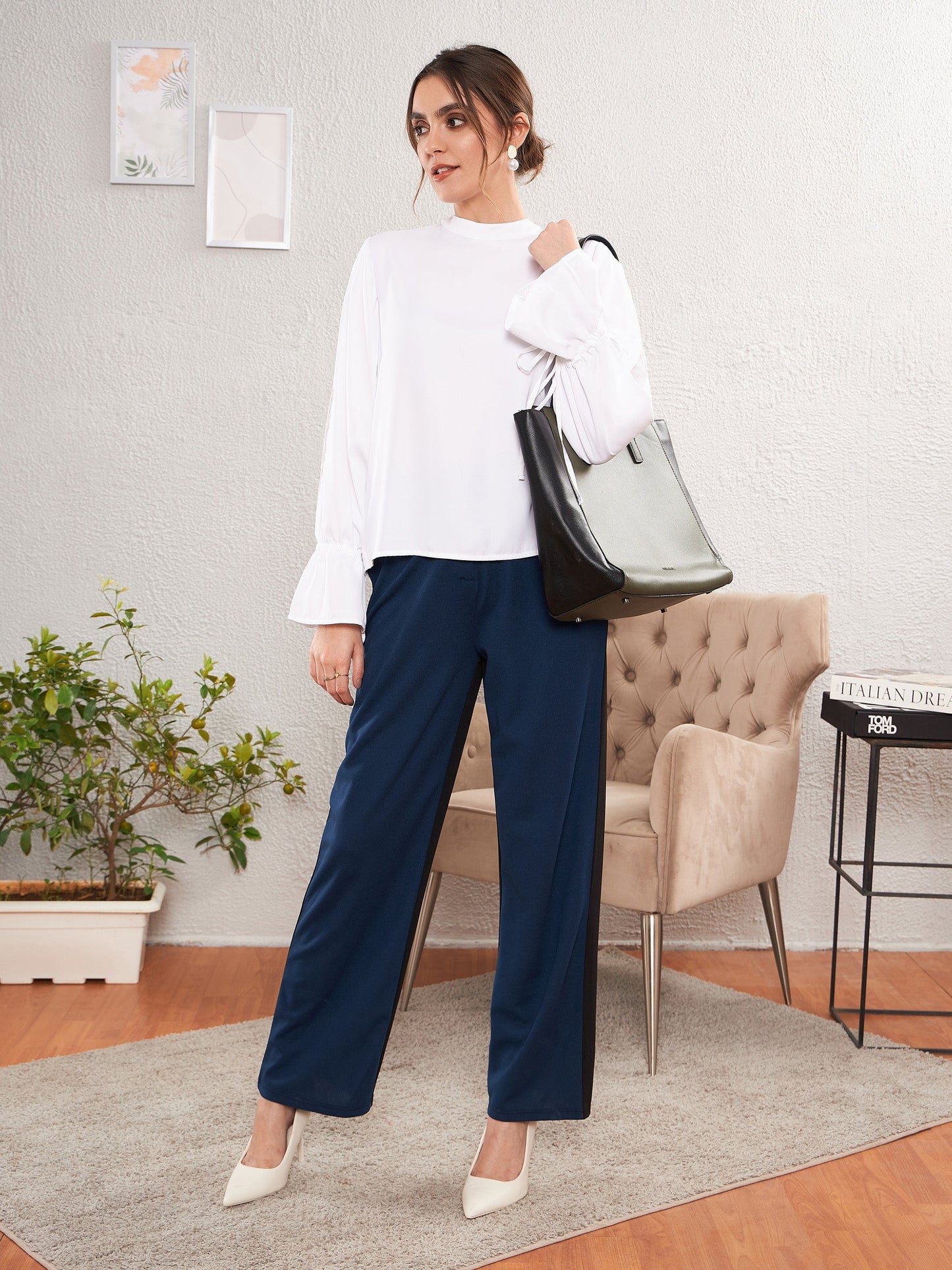 Blue & Black Color Block Straight Pants